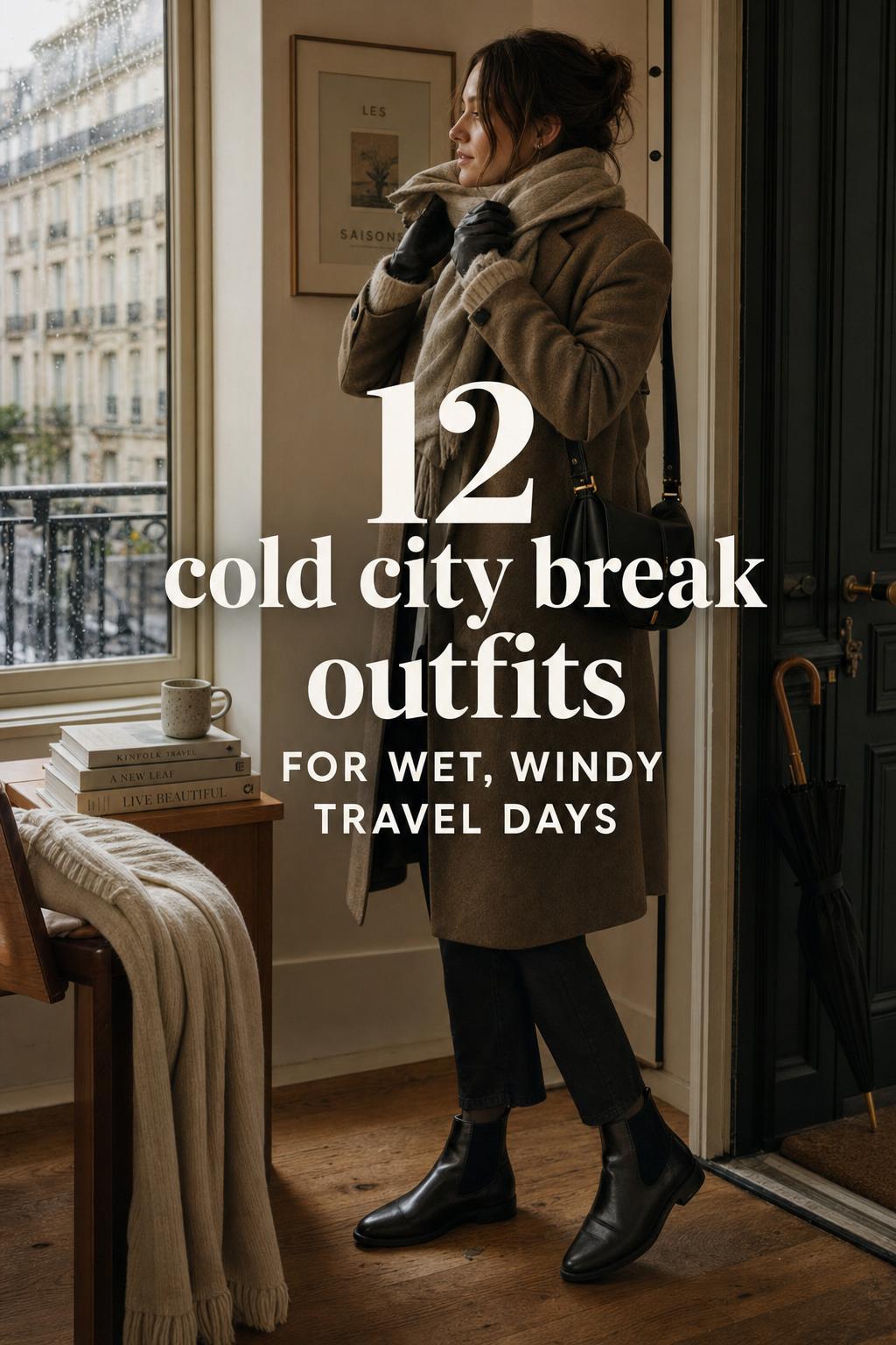 Cold City Break Outfits for Winter Travel Adult woman in layered winter coat and scarf in a European entryway, showing cold city break outfits for travel days