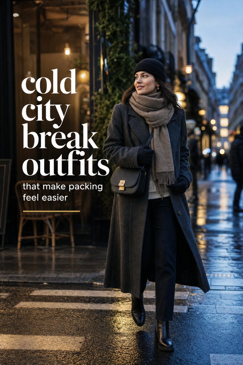 Cold City Break Outfits for Winter City Travel Woman walking at blue hour in a European street wearing cold city break outfits with wool coat, scarf, boots, and crossbody bag