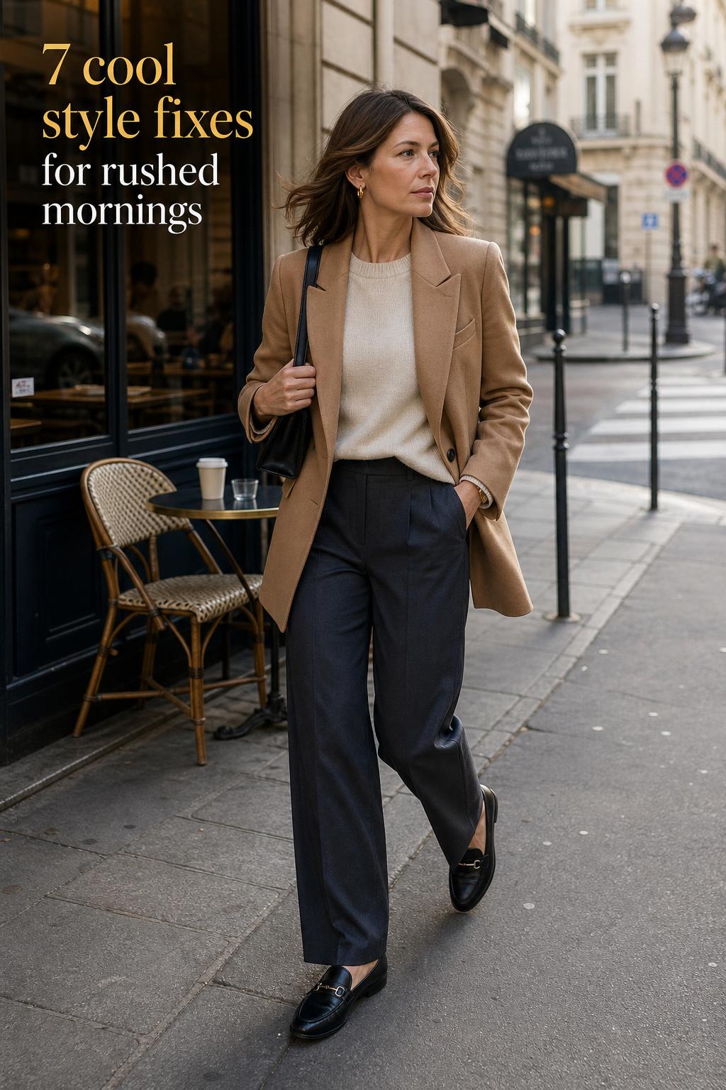 Cool Style Street Look for Rushed Mornings Cool style street outfit with camel blazer and charcoal trousers, walking past a cafe on a European-inspired city block