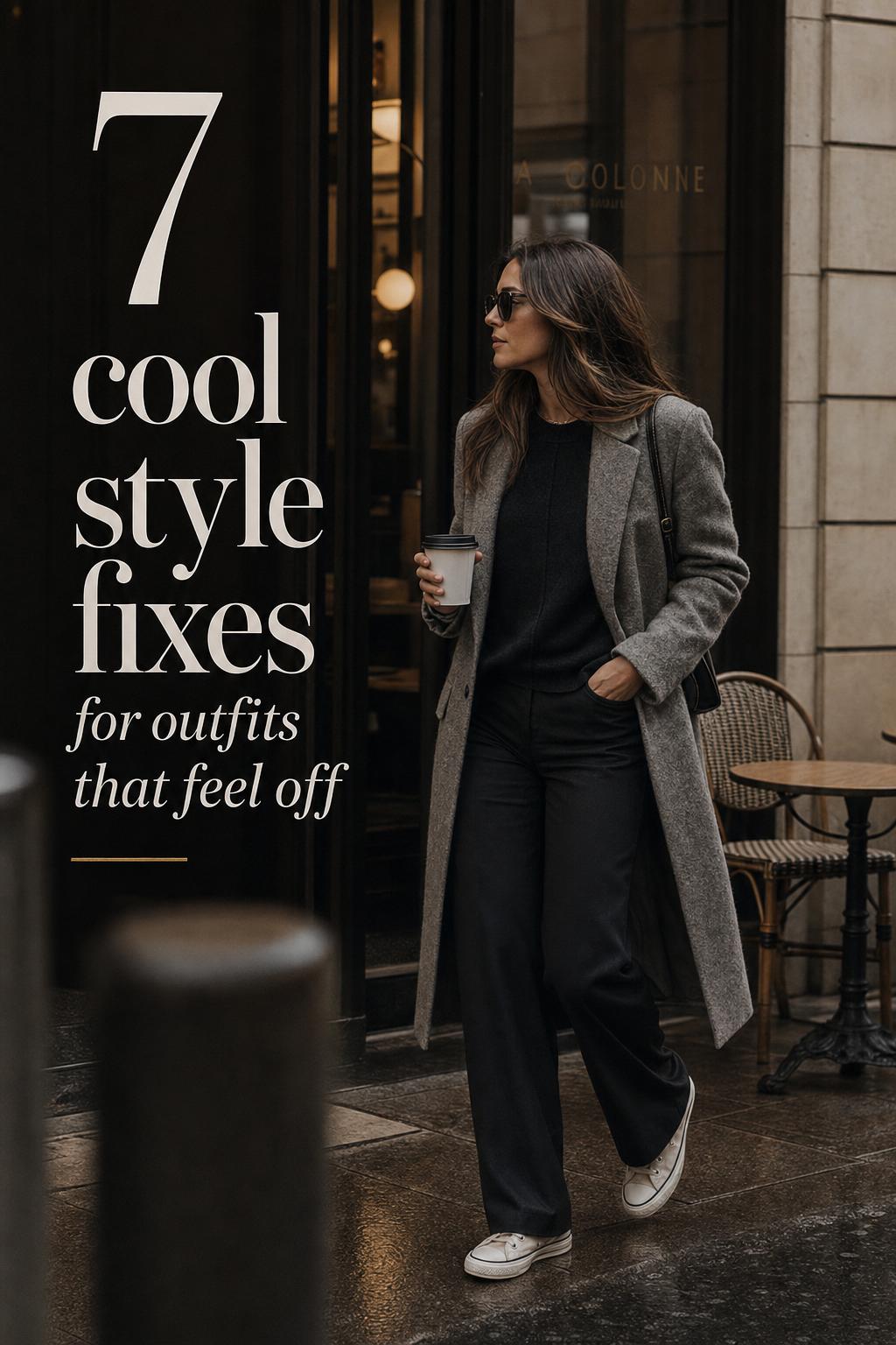 Cool Style Fixes: Modern Urban Outfit Guide Cool style fashion guide photo of a woman in blazer and trench outside a city café, walking with coffee in moody light