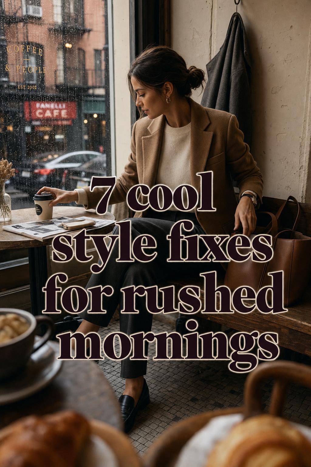 7 Cool Style Fixes for Rushed Mornings Cool style fixes text overlay on woman in camel blazer sipping coffee by rainy café window, polished urban outfit