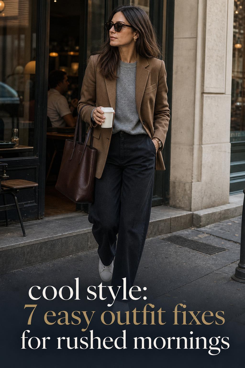 Cool Style Street Outfit Outside a Café Cool style street outfit: woman leaving a café in a camel blazer and trousers on a quiet city sidewalk in morning light