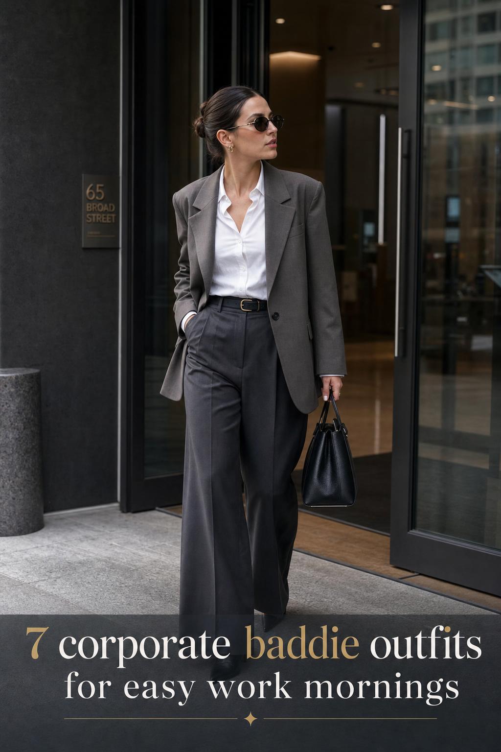 Editorial street-style photo of corporate baddie outfits with tailored blazer, wide-leg trousers, and handbag in a modern city lobby
