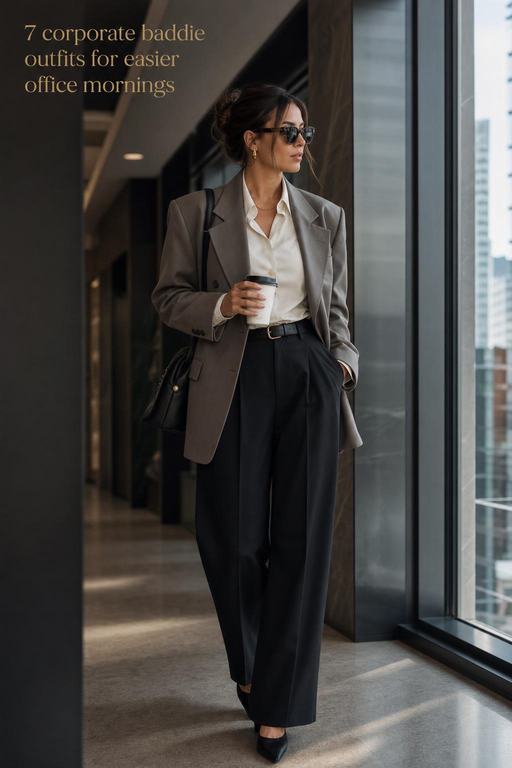 Woman in modern office corridor wearing corporate baddie outfits with oversized blazer, wide-leg trousers, and loafers in morning light