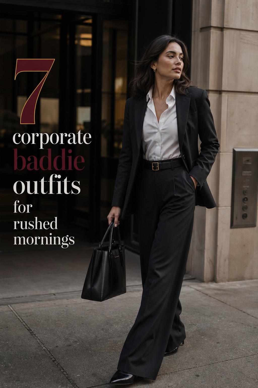 Woman in tailored blazer and trousers walking in a city lobby, showcasing corporate baddie outfits for work and commute