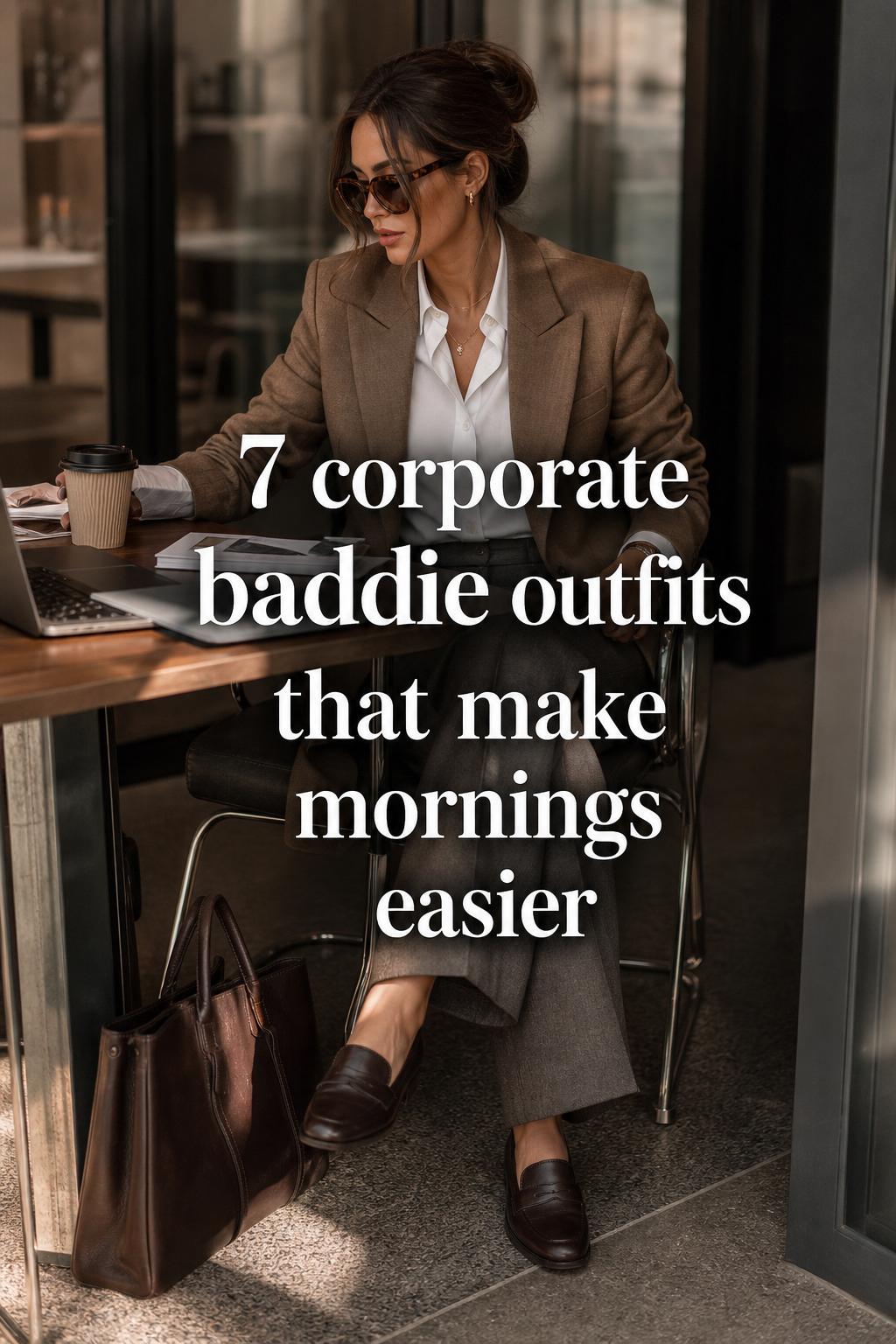 Woman in tailored blazer and wide-leg trousers in a sunlit office lobby, showcasing corporate baddie outfits