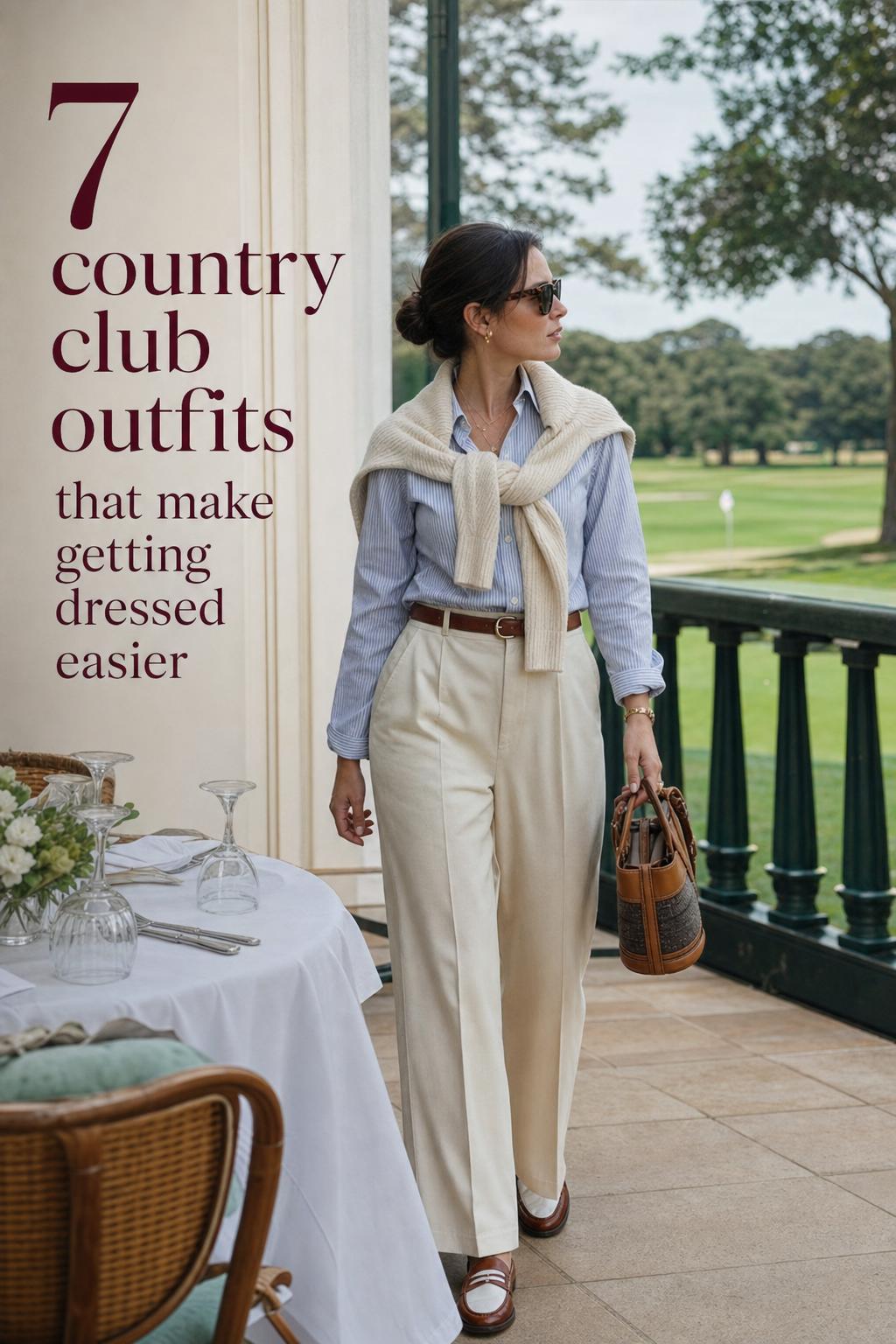 Country club outfits on a sunlit clubhouse veranda, adult in polo and chinos adjusting cuff with golf course view and overlay text.