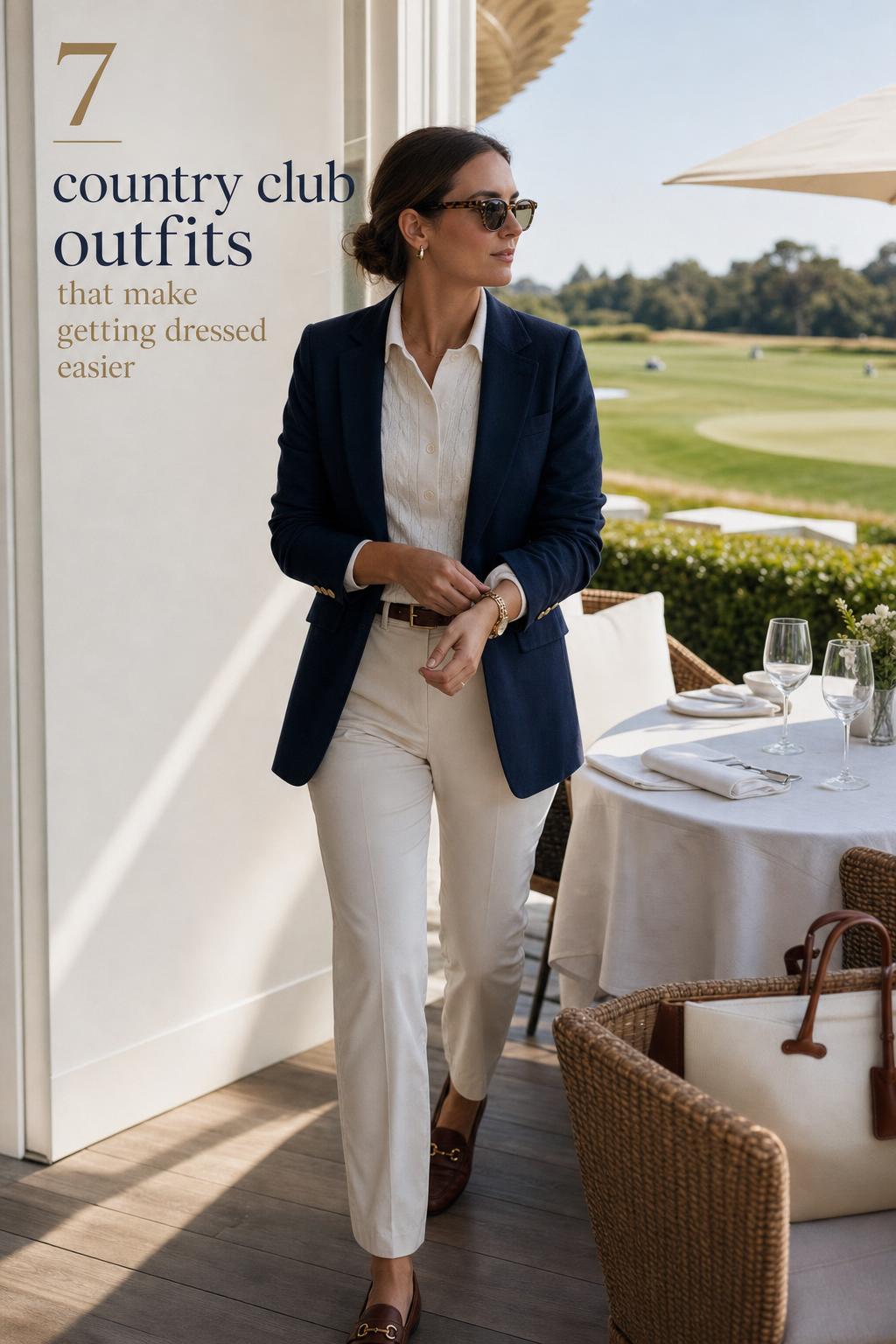 Editorial photo of country club outfits on an elegant veranda by a sunny golf course, adult in blazer and chinos