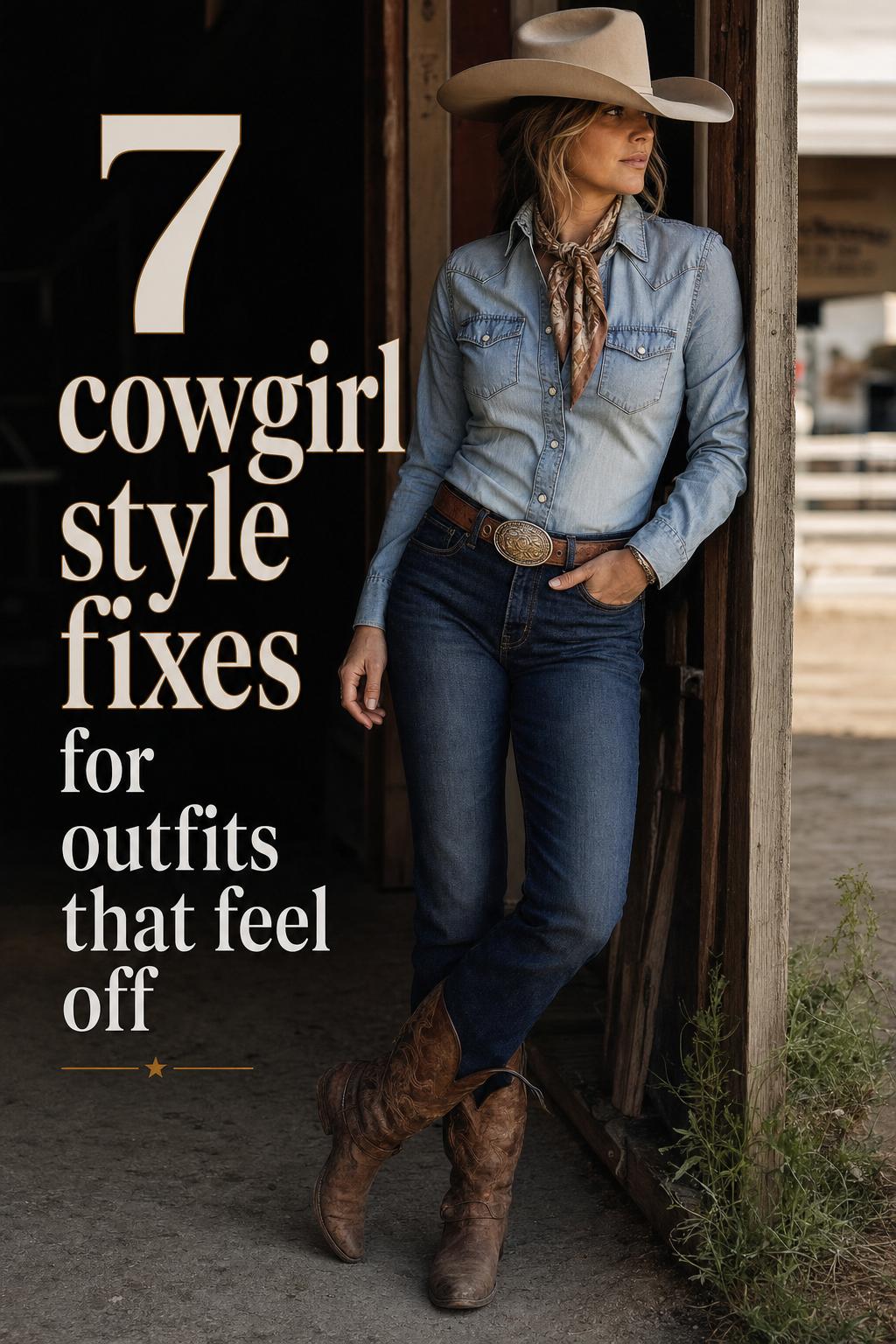 7 Cowgirl Style Fixes for Outfits That Feel Off Cowgirl style outfit fixes text overlay on editorial photo of an adult woman in denim, pearl snap shirt, and boots
