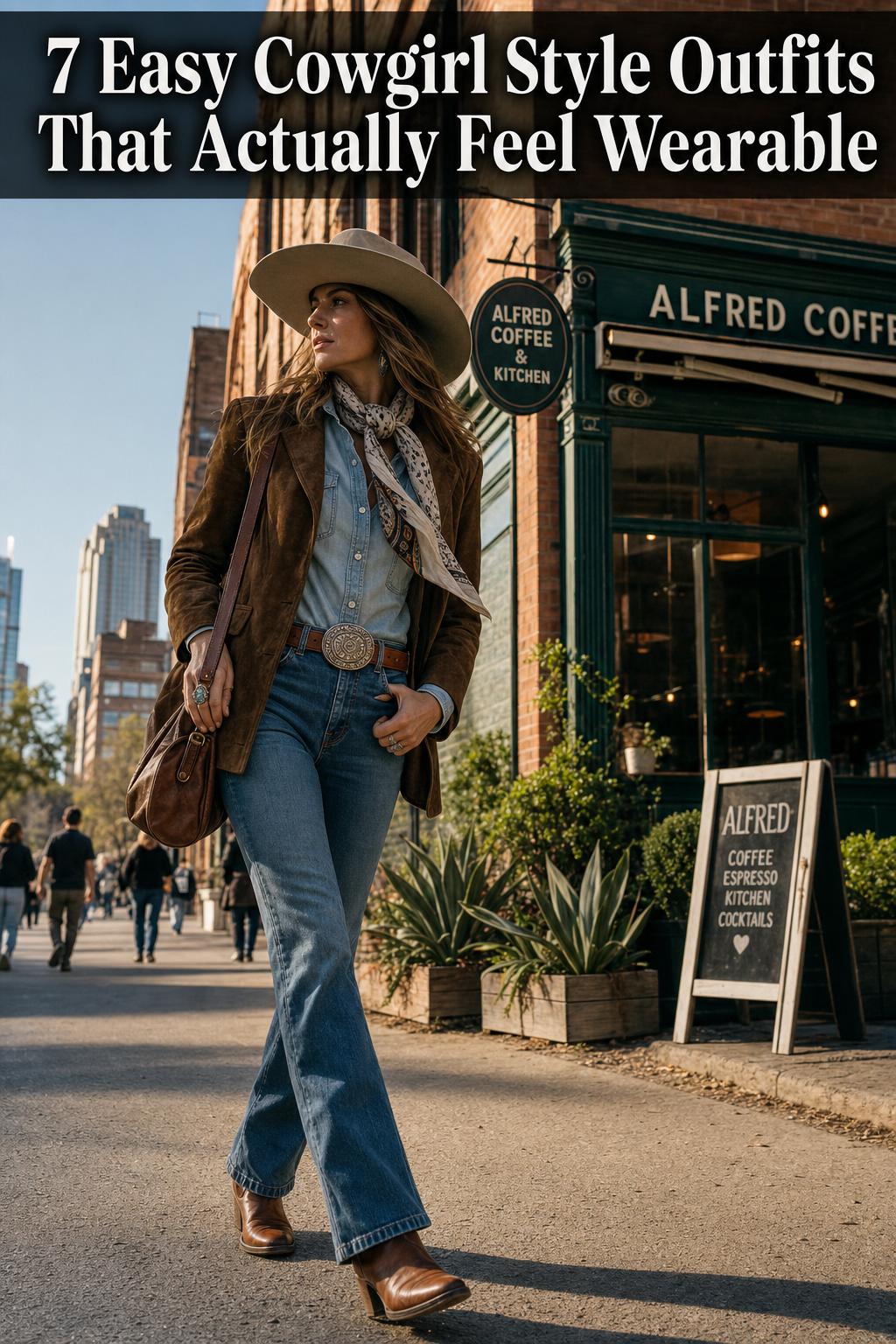 Cowgirl Style Portrait in Western Light Cowgirl style portrait of a woman in a cowboy hat, denim jacket, and boots in warm western light