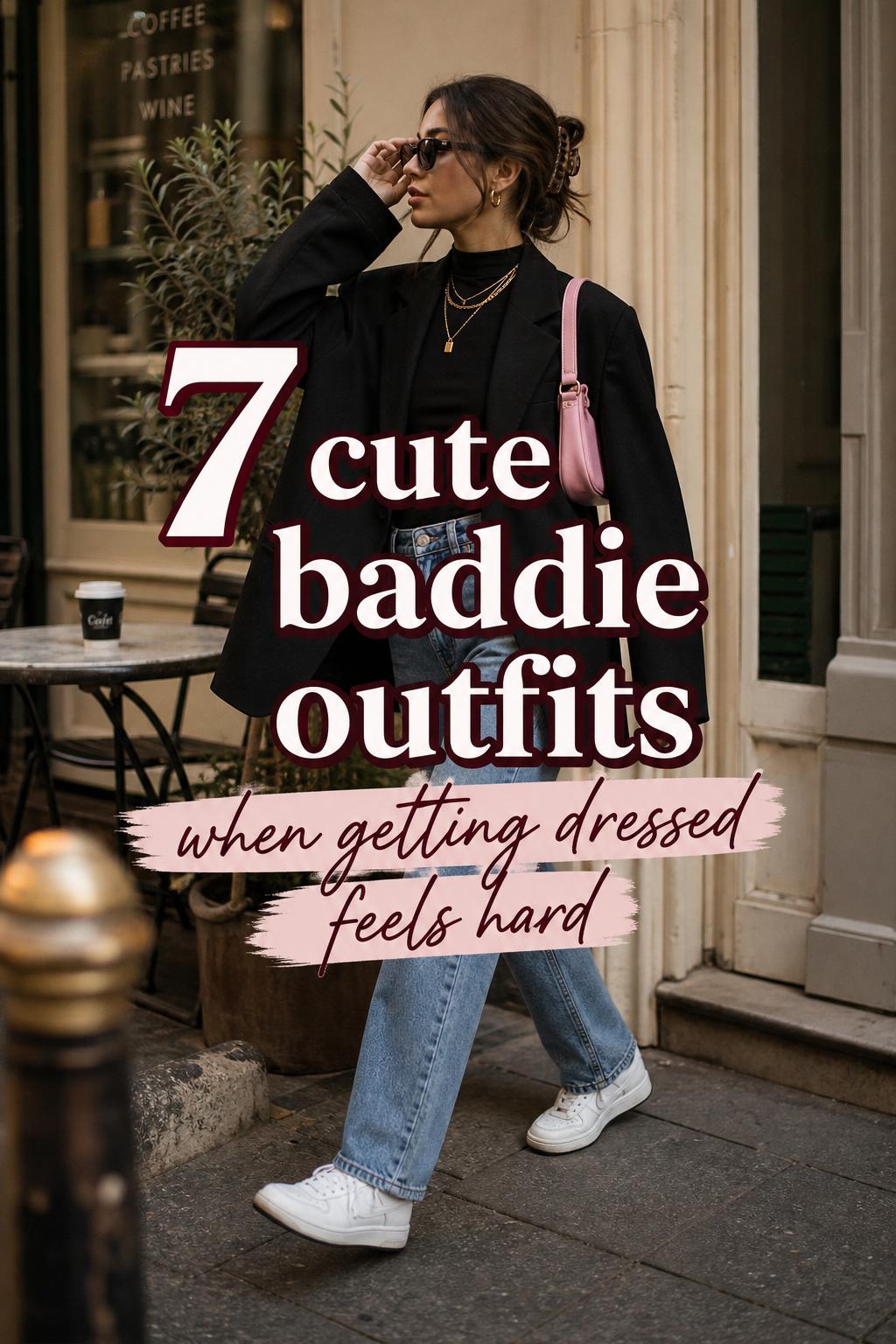 Cute baddie outfits street style: adult woman in black blazer and denim adjusting sunglasses at a golden-hour sidewalk café