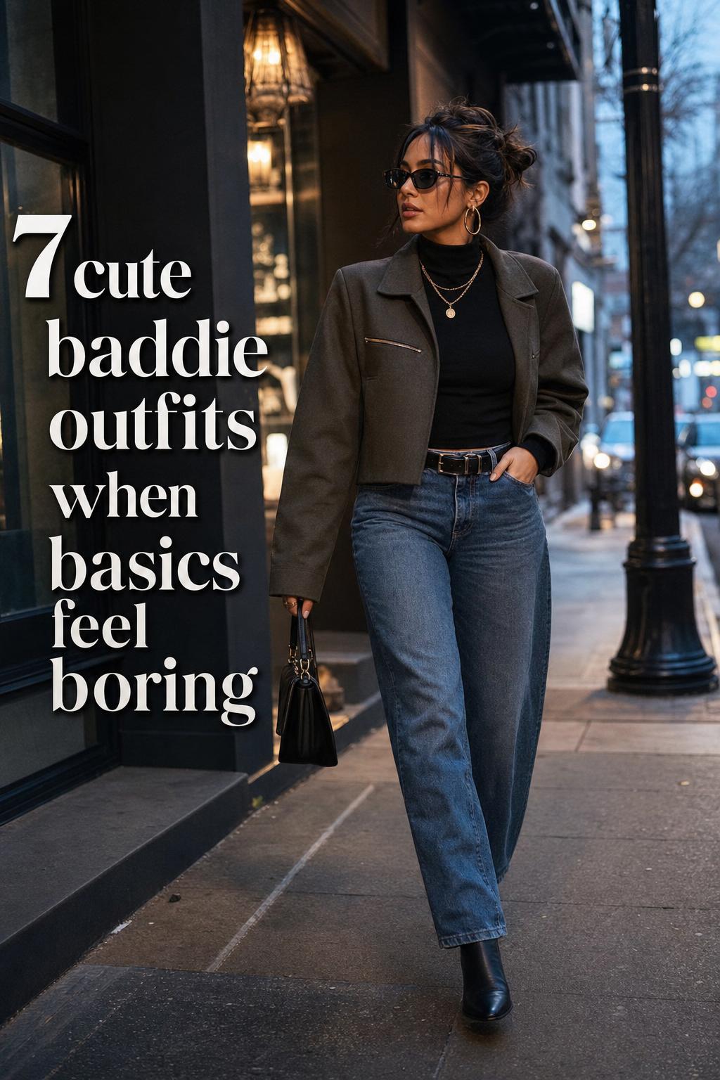 Cute baddie outfits street style photo of a woman in cropped jacket, high-neck top and denim walking at blue hour