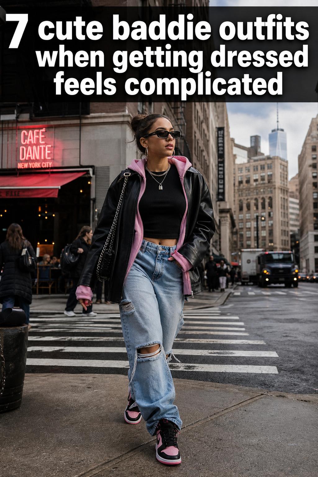 Cute baddie outfits styled in a chic streetwear look with crop top, high-waisted pants, and sneakers.