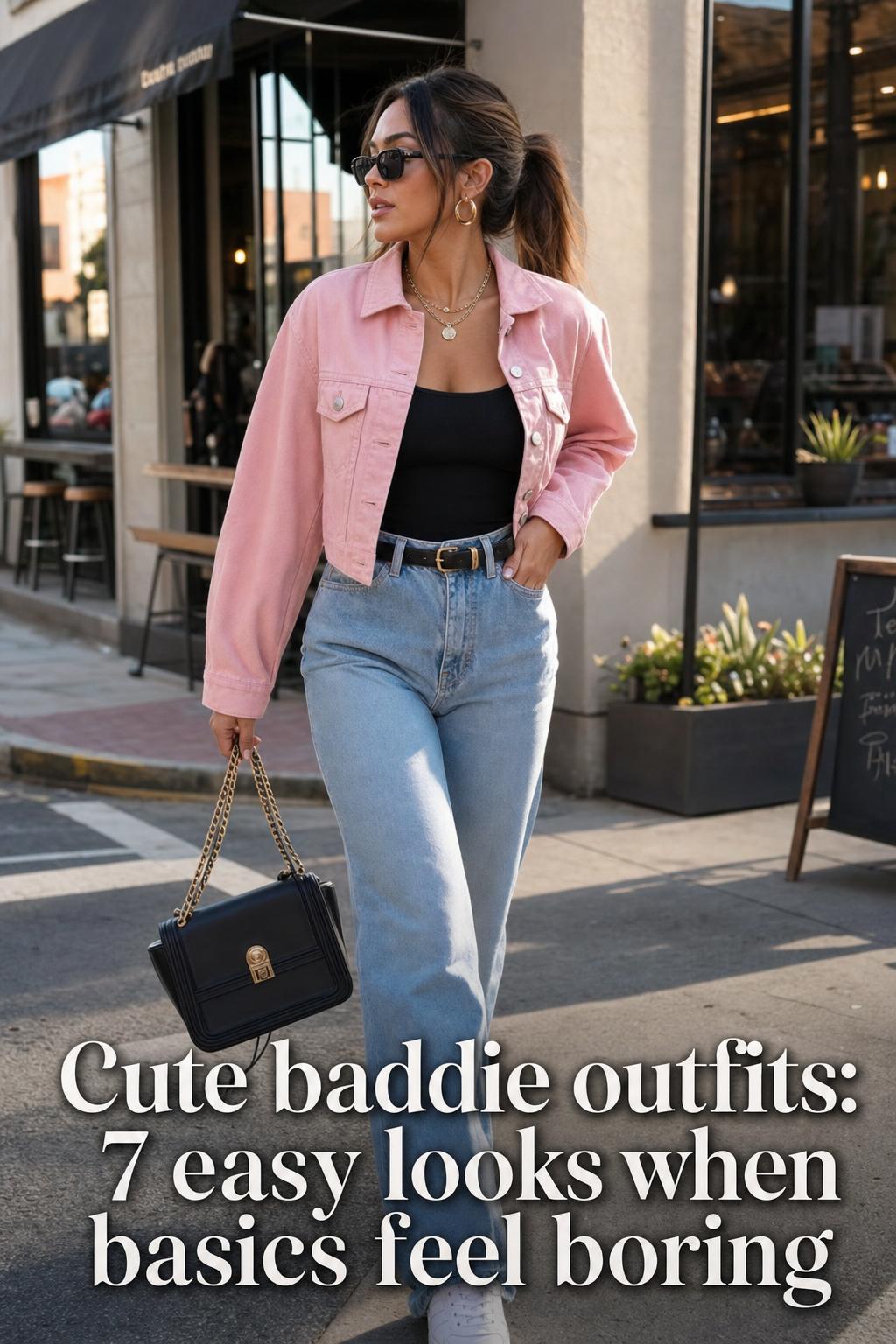 Cute baddie outfits street style: adult woman in cropped jacket, high-waisted denim, hoops, layered jewelry and sneakers on a city sidewalk