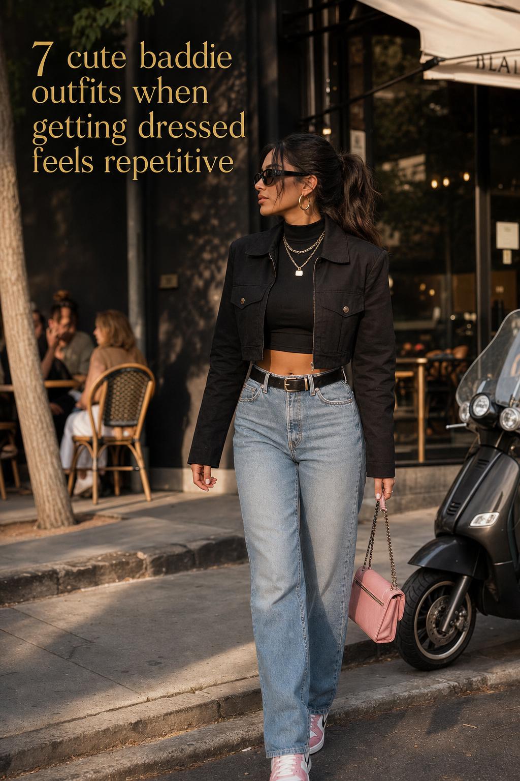 Cute baddie outfits street style look on an adult woman walking past a modern cafe at golden hour in the city