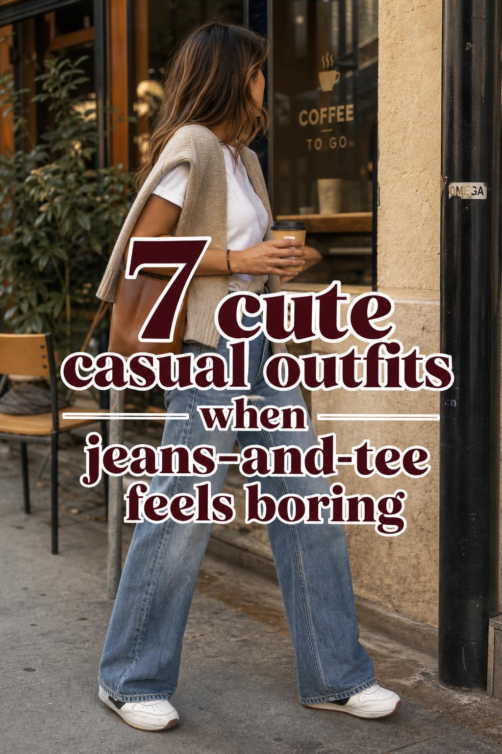 Cute casual outfits with jeans and tee, blazer layering, sneakers, and coffee cup in warm golden-hour street style photo