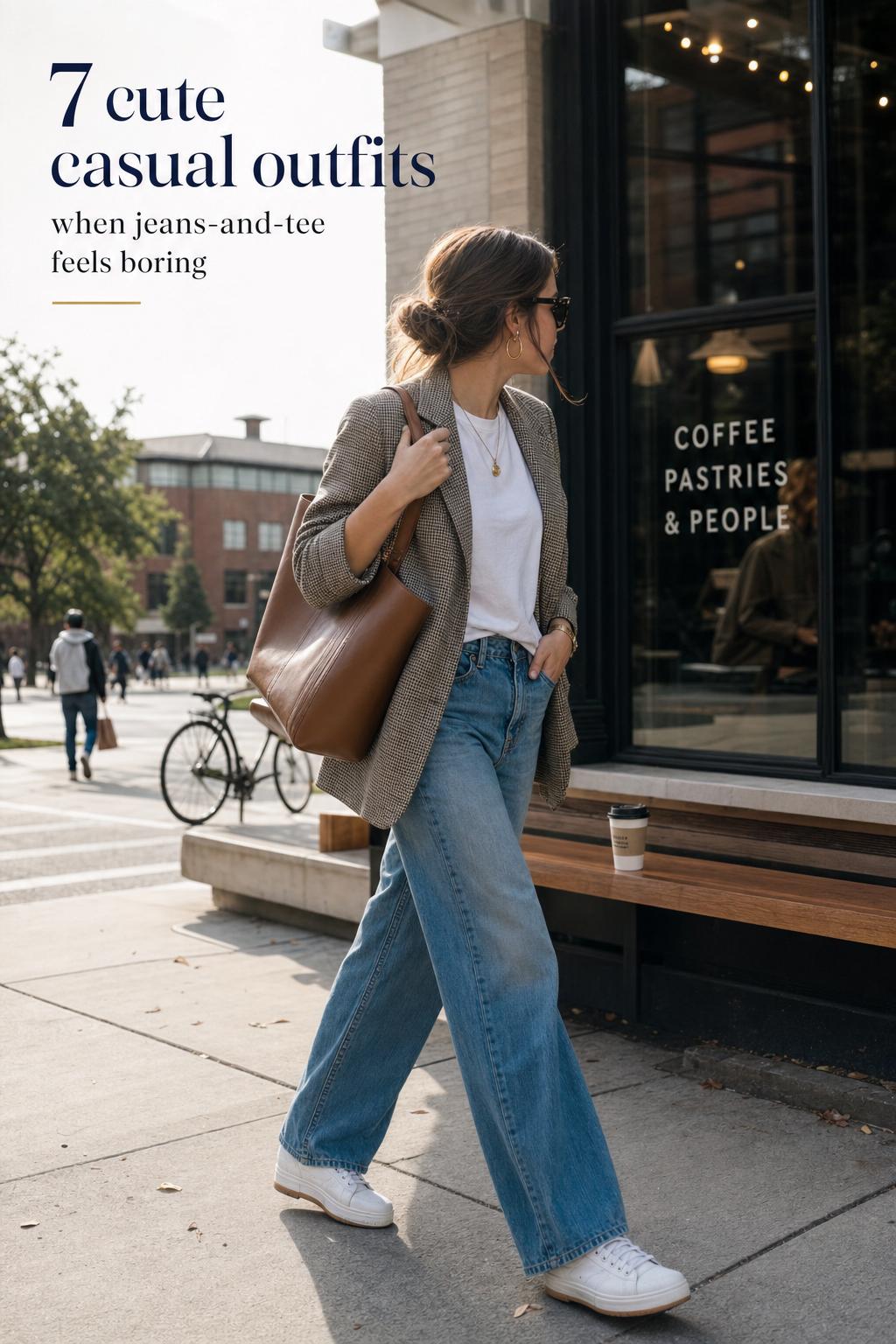 Cute casual outfits street style: woman in white tee, wide-leg jeans and oversized blazer outside a coffee shop