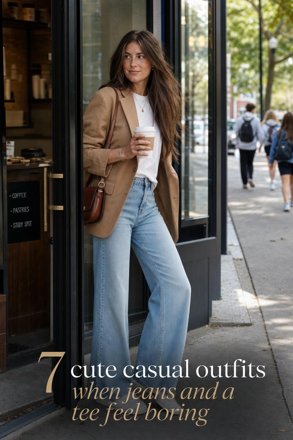 Cute casual outfits street style: woman in white tee, light-wash jeans and tan blazer leaving a campus coffee shop