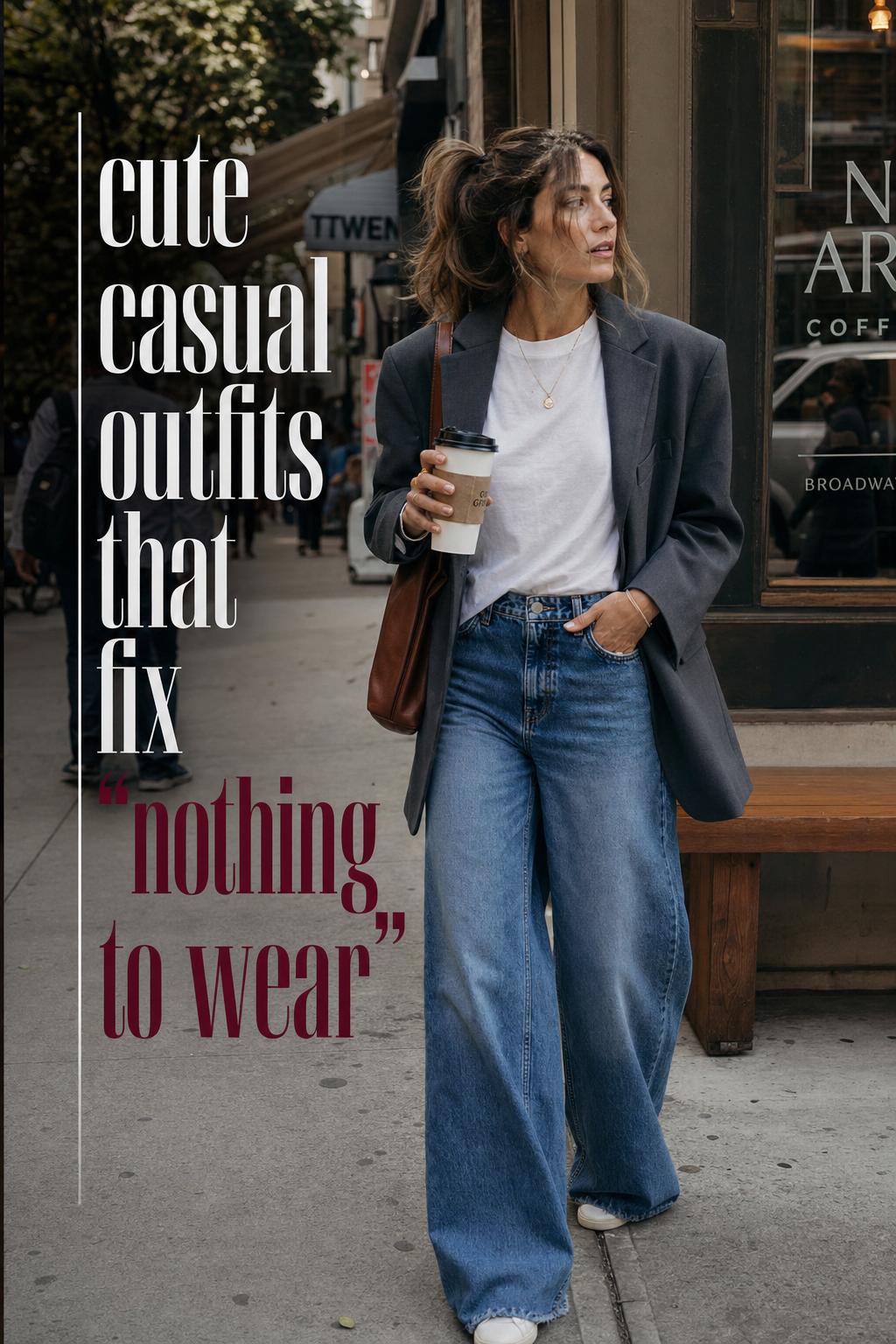 Cute casual outfits idea: woman in white tee, wide-leg jeans and oversized blazer walking with coffee on a city sidewalk
