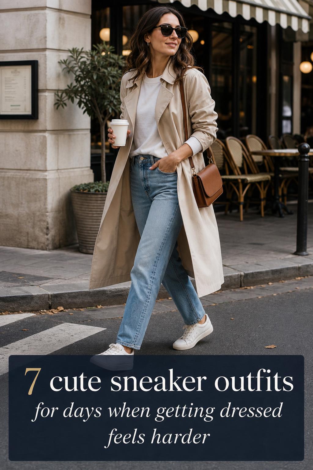Cute Sneaker Outfits for Everyday City Style Cute sneaker outfits: adult woman in blazer and straight-leg jeans with white sneakers walking past a city café