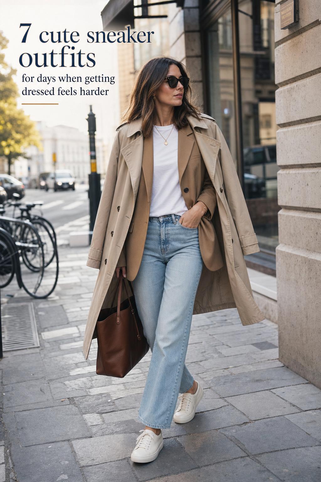 Cute Sneaker Outfits City Street Style Cute sneaker outfits on a city street: woman in cream sneakers, light-wash jeans, camel blazer and trench, commuting in morning light.