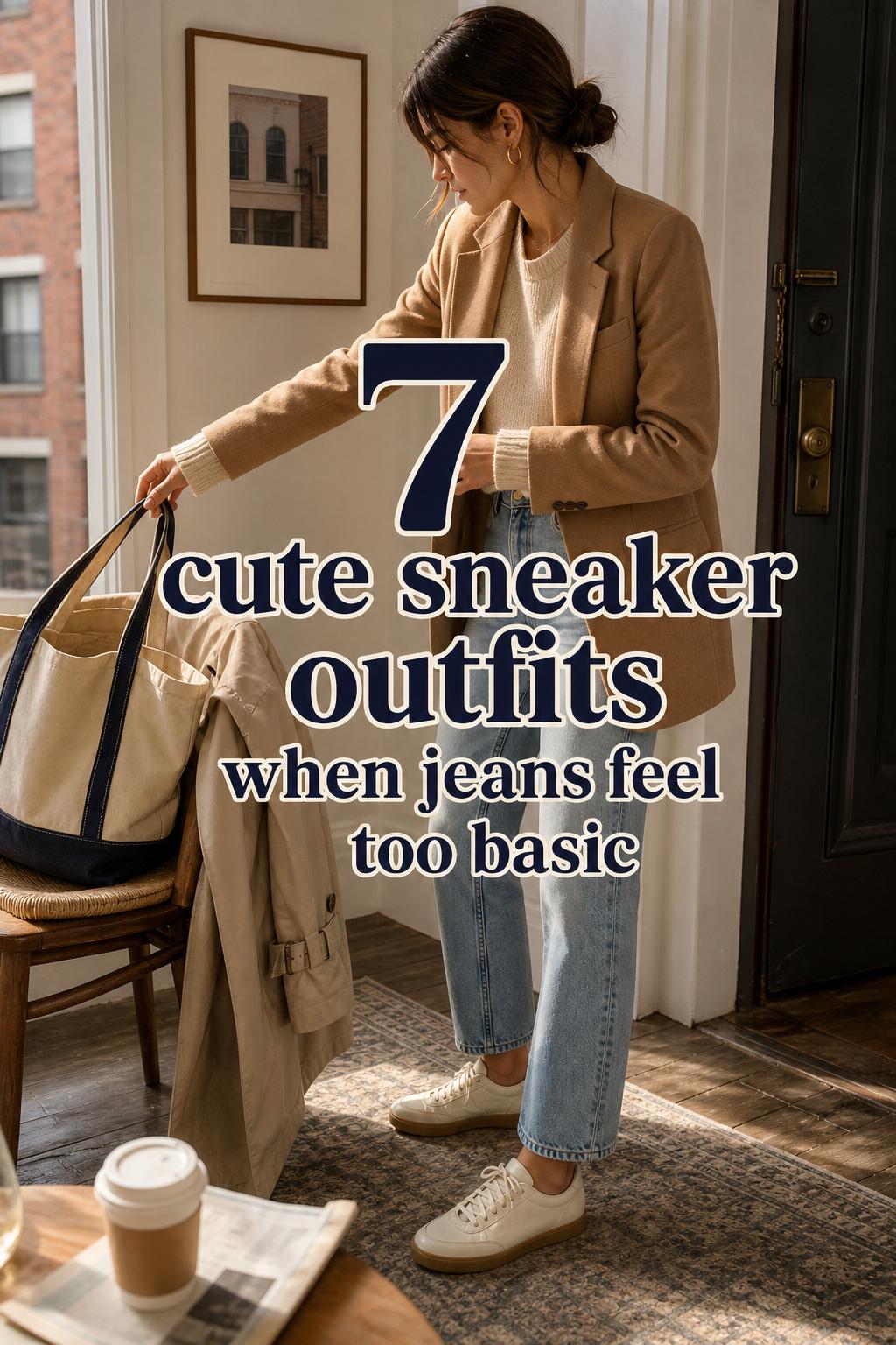 7 Cute Sneaker Outfits With Jeans and Blazer Cute sneaker outfits with jeans and camel blazer in a warm city entryway morning routine, styled with cream sneakers.