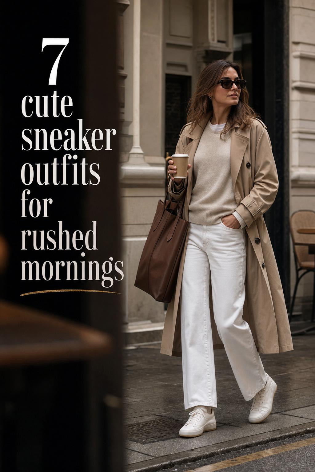Cute sneaker outfits for polished city mornings Cute sneaker outfits on an adult woman in a neutral blazer and jeans walking past a city café in soft afternoon light