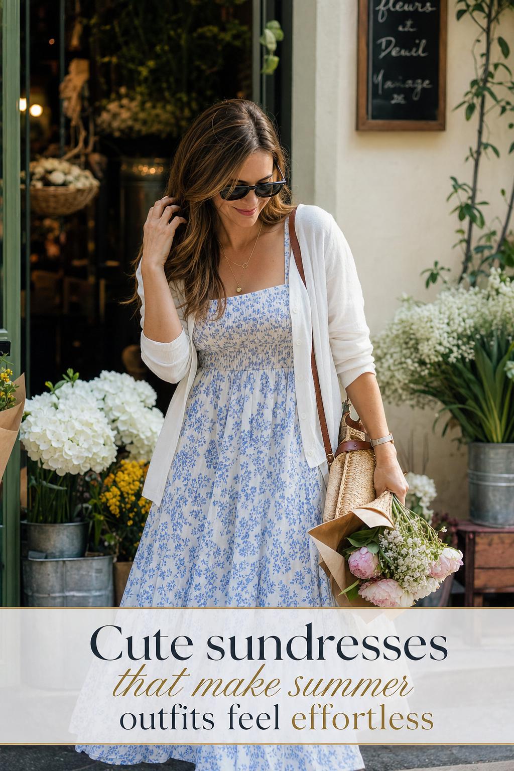 Cute Sundresses for Effortless Summer Style Adult woman in a breezy sundress on a sunny café street, showcasing cute sundresses style with effortless summer outfit vibes