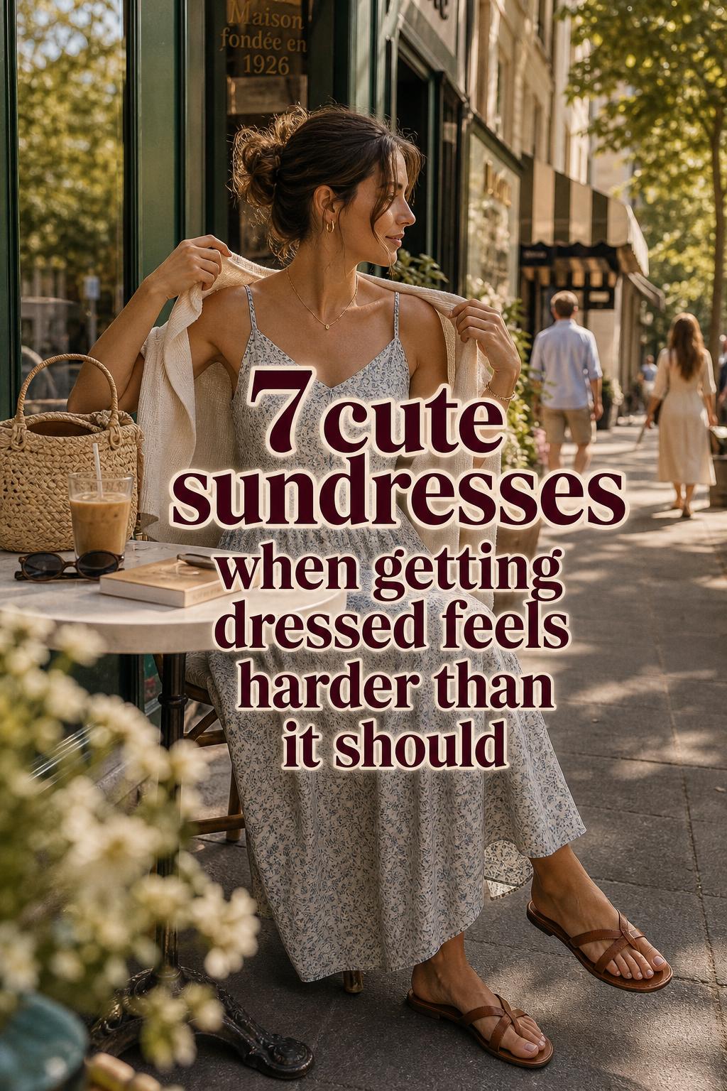 Cute Sundresses for Easy Summer Outfit Ideas Woman in cute sundresses outfit at outdoor cafe adjusting cardigan with iced coffee during golden hour