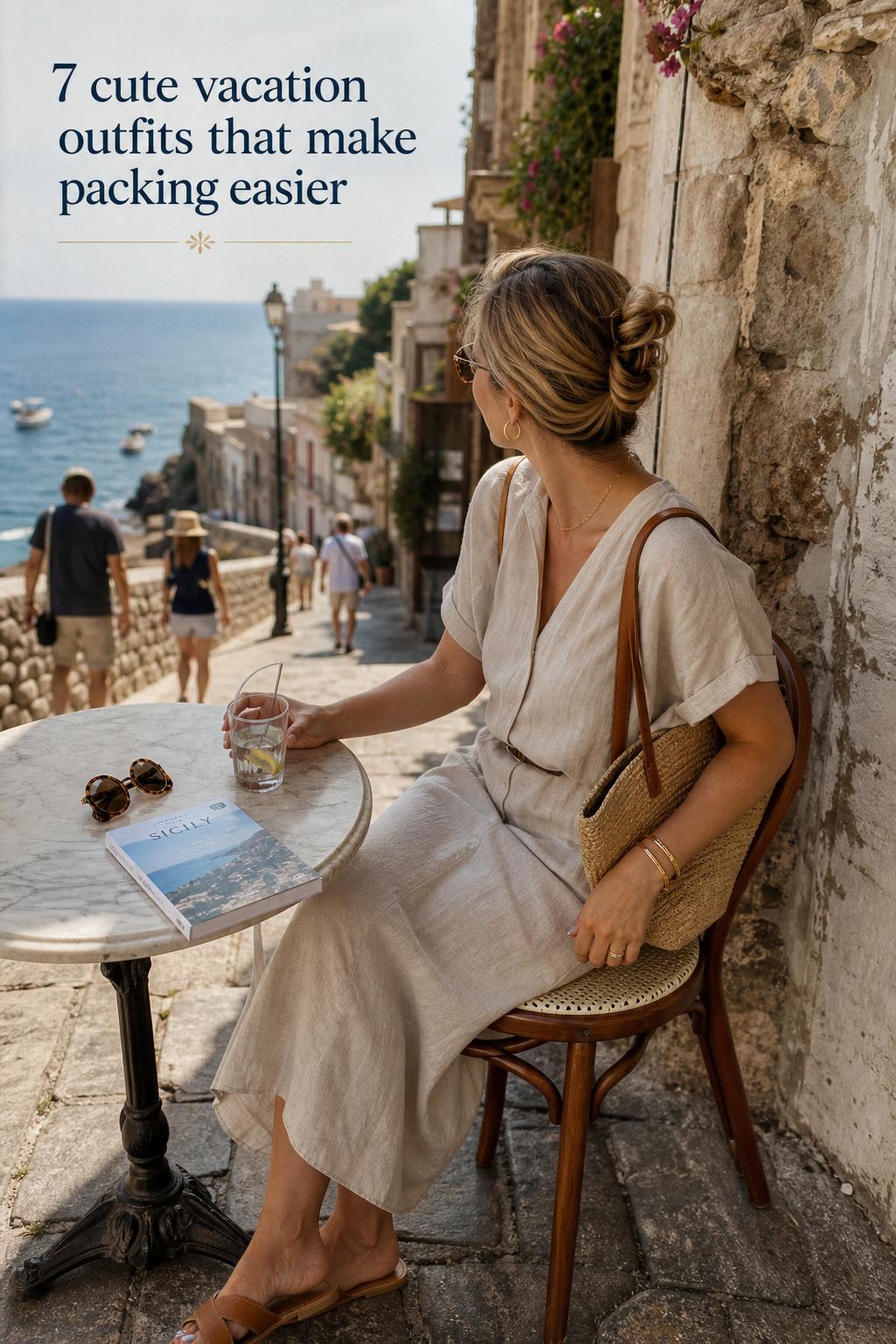 Cute Vacation Outfits Coastal Café Editorial Cute vacation outfits styled on a woman in a linen midi dress by a coastal European café terrace in soft natural light