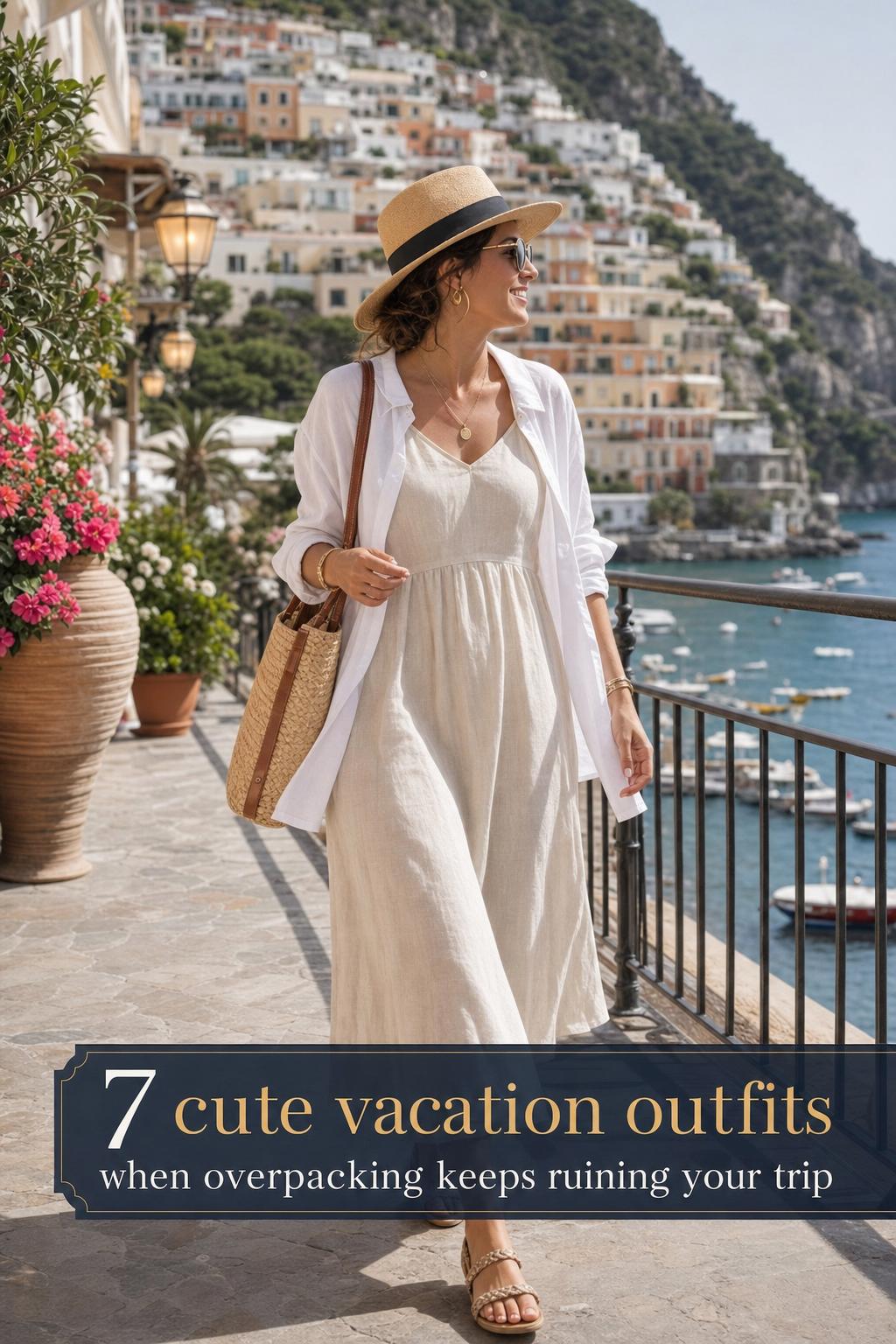 Cute Vacation Outfits in a Coastal Town Look Adult woman in linen midi dress and sunhat walking a coastal walkway in cute vacation outfits with woven tote