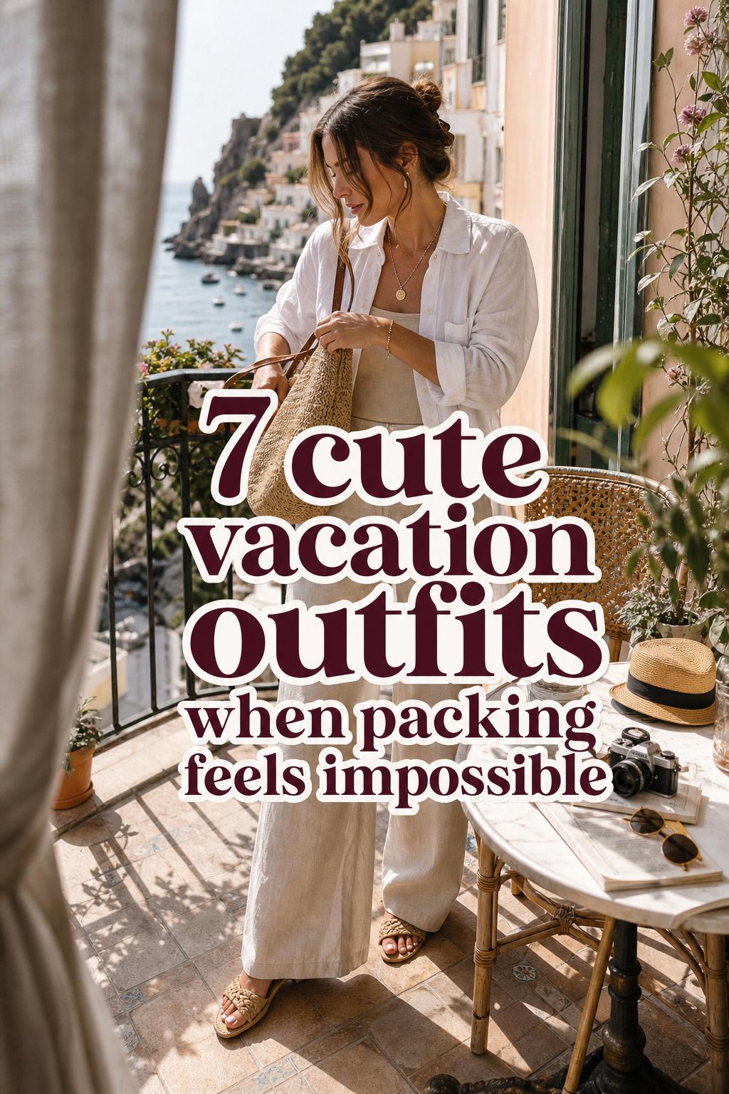 7 Cute Vacation Outfits for Easy Packing Woman on a sunlit Mediterranean hotel balcony wearing a linen set with tote and hat, featuring cute vacation outfits text