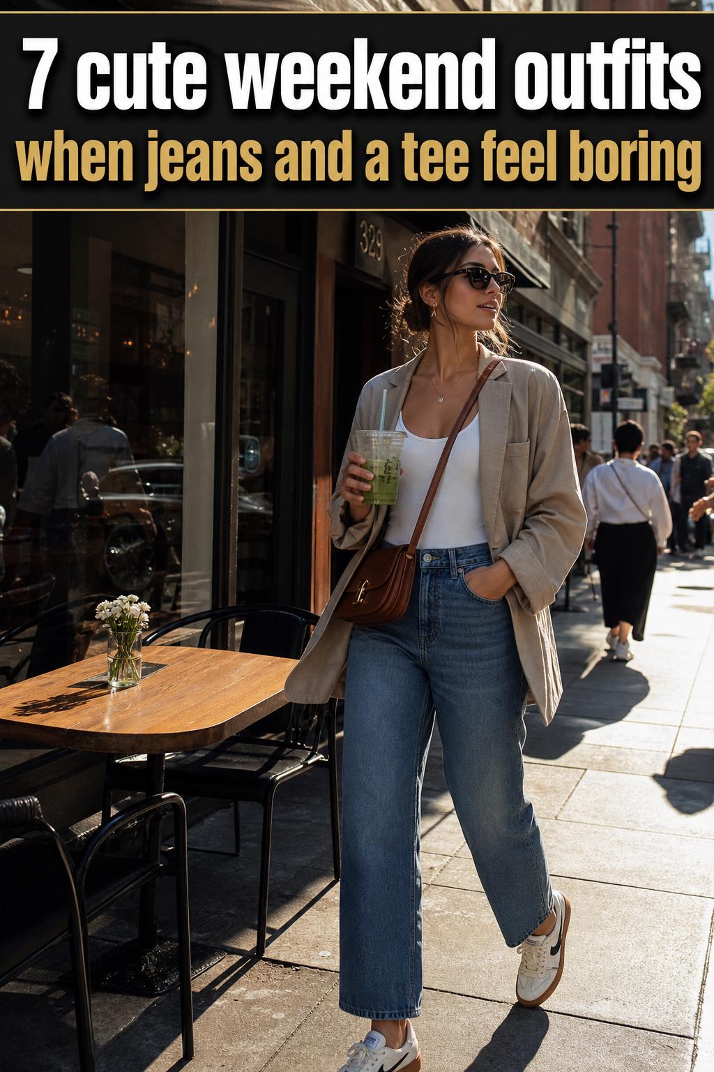 Cute weekend outfits laid out on a bed with denim jacket, sneakers, and accessories for a casual getaway