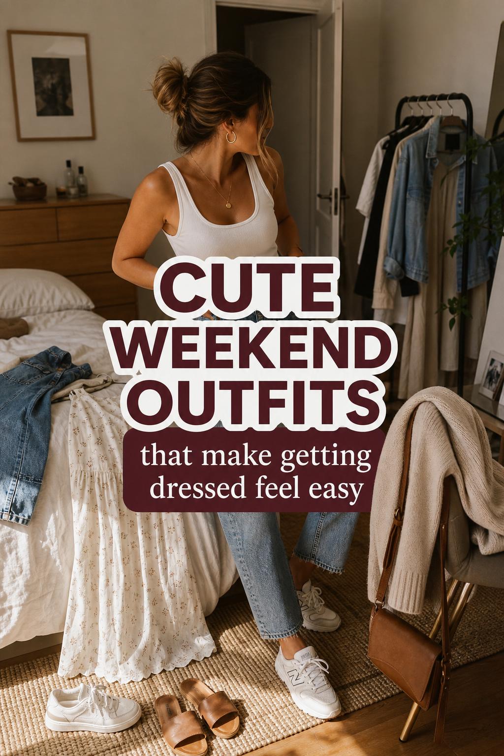 Cute weekend outfits scene with woman choosing denim and bodysuit in a sunlit apartment, with sneakers, sunglasses, and bag nearby