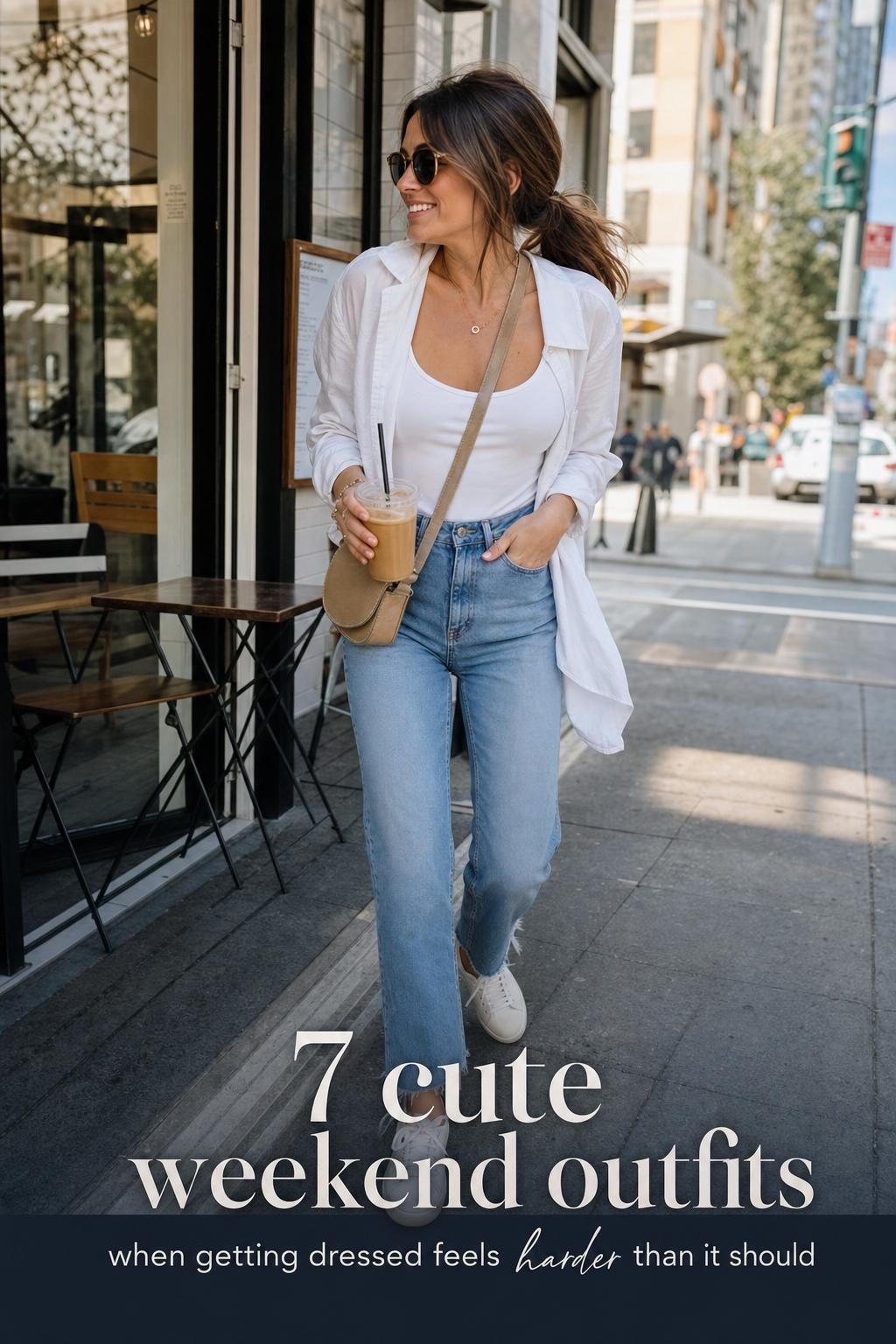 Cute weekend outfits idea: stylish woman leaving a sunny cafe patio in denim and sneakers on a city sidewalk