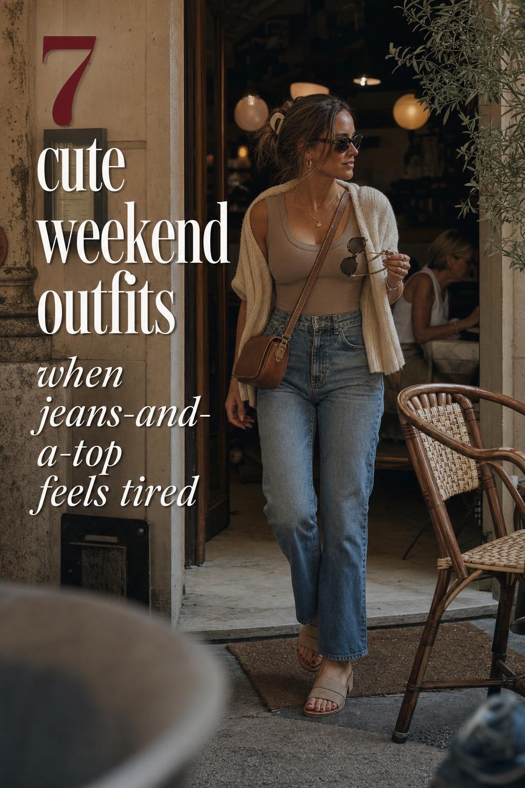 Cute weekend outfits: stylish woman in jeans and neutral top leaving a city cafe patio at golden hour