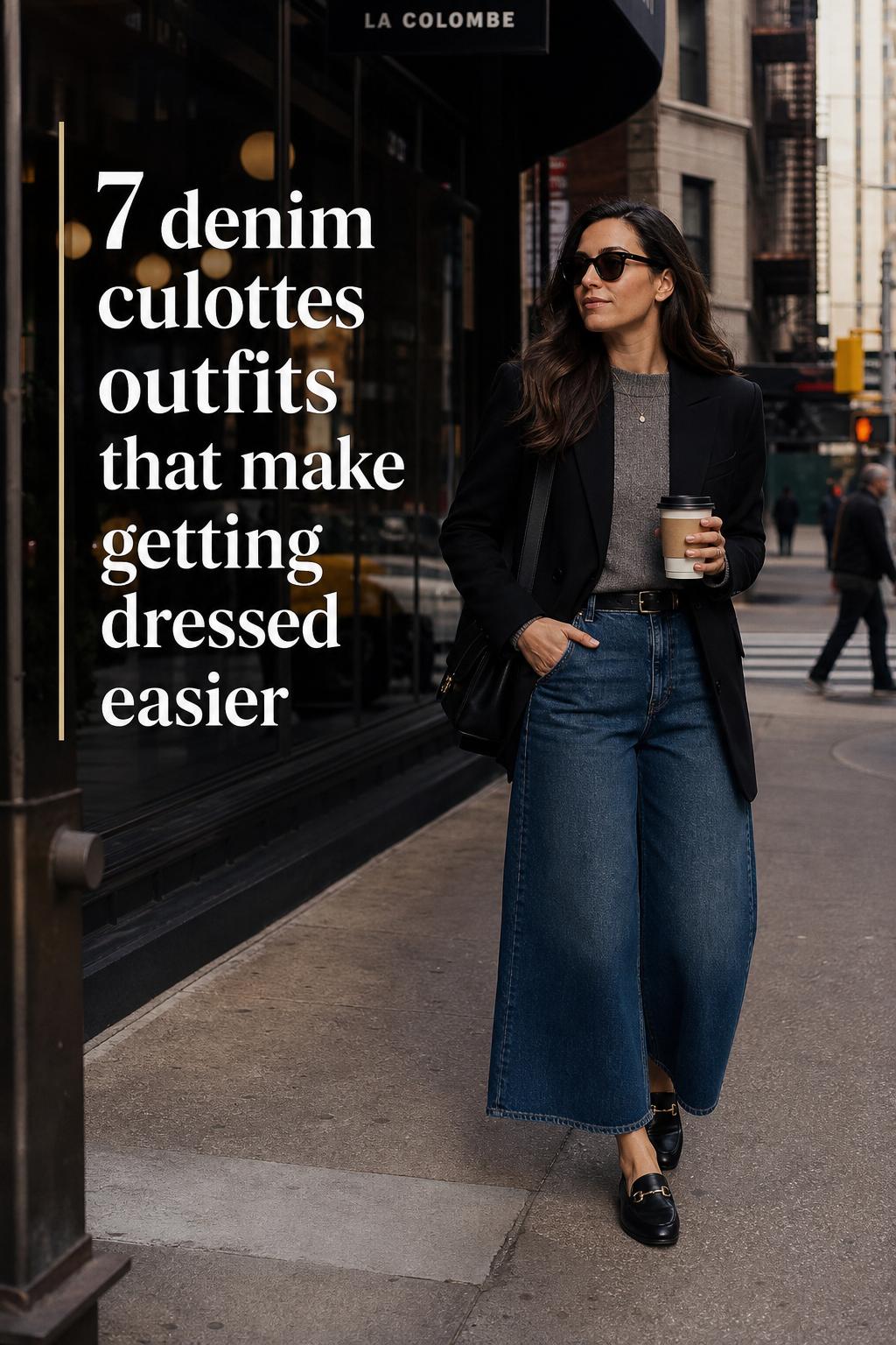 Woman walking city street in denim culottes outfits with blazer and structured bag at golden hour, editorial street style