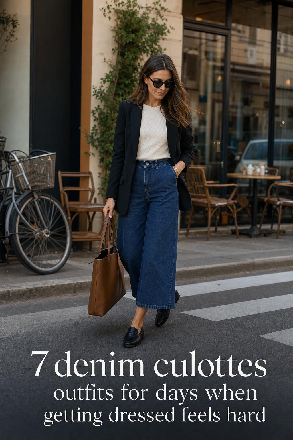 Denim culottes outfits styling guide: woman walking in the city wearing wide-leg denim culottes with blazer and loafers