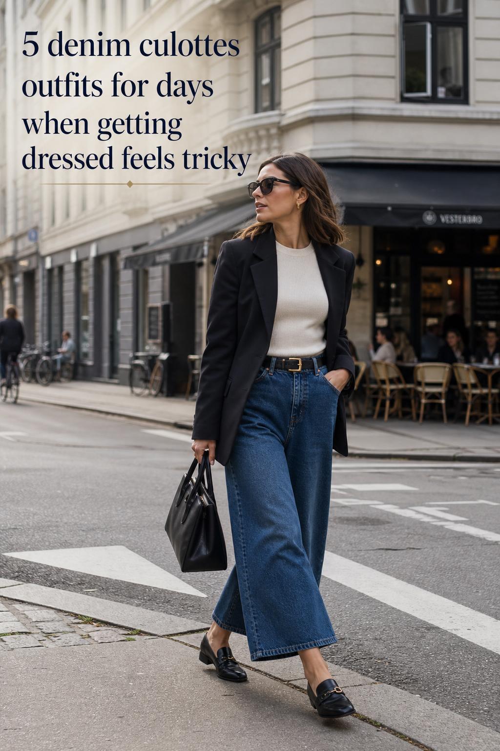 Denim culottes outfits street style: woman in blazer and loafers crossing a city corner near a café in soft overcast light