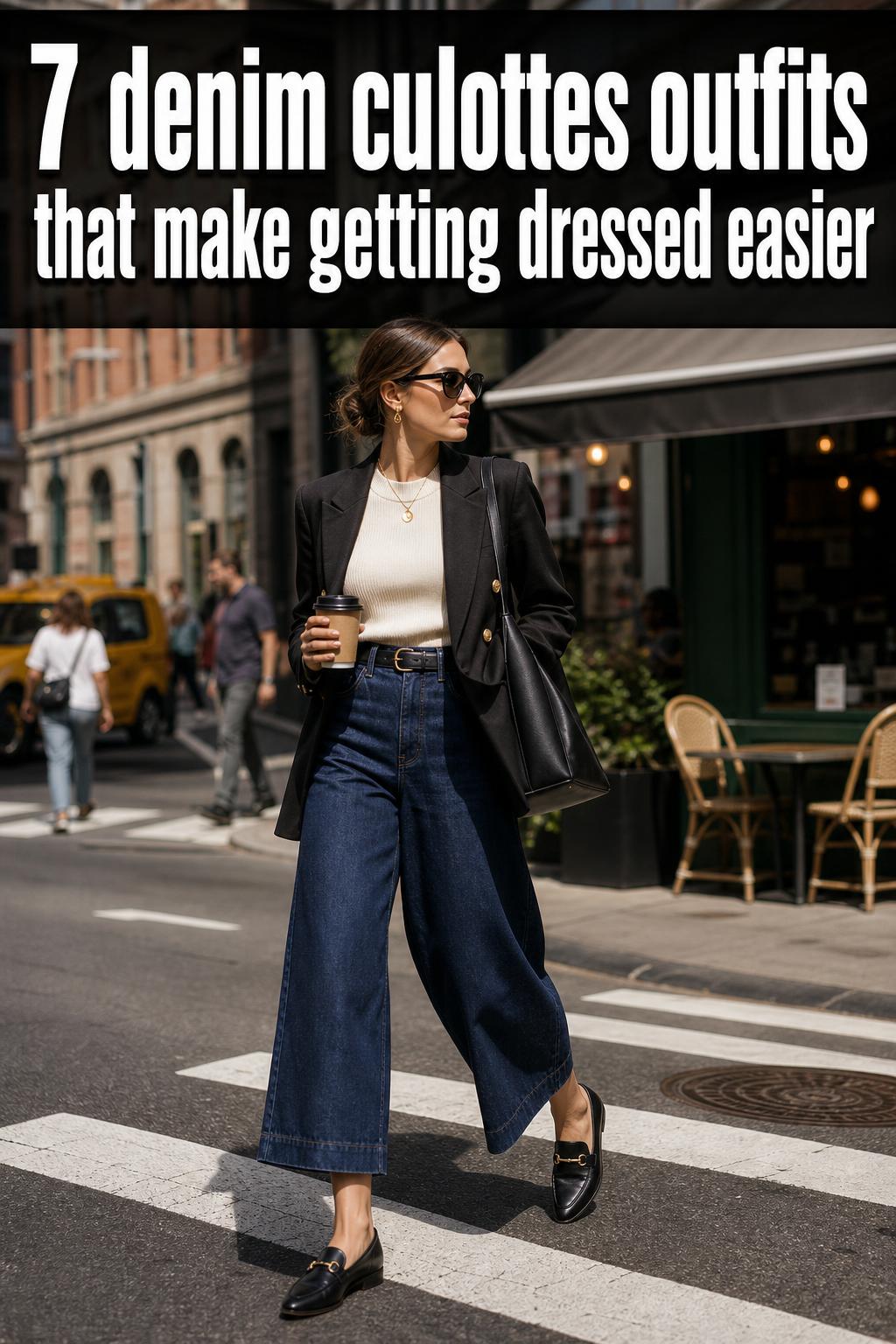 Street style denim culottes outfits with a white blouse and sandals in natural light