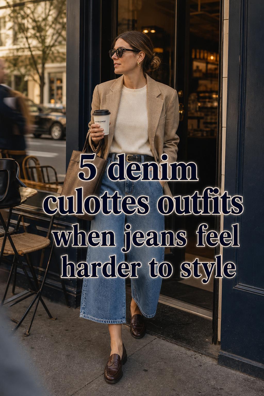 Woman walking from a coffee shop in modern denim culottes outfits with blazer, knit top, and loafers on a city street