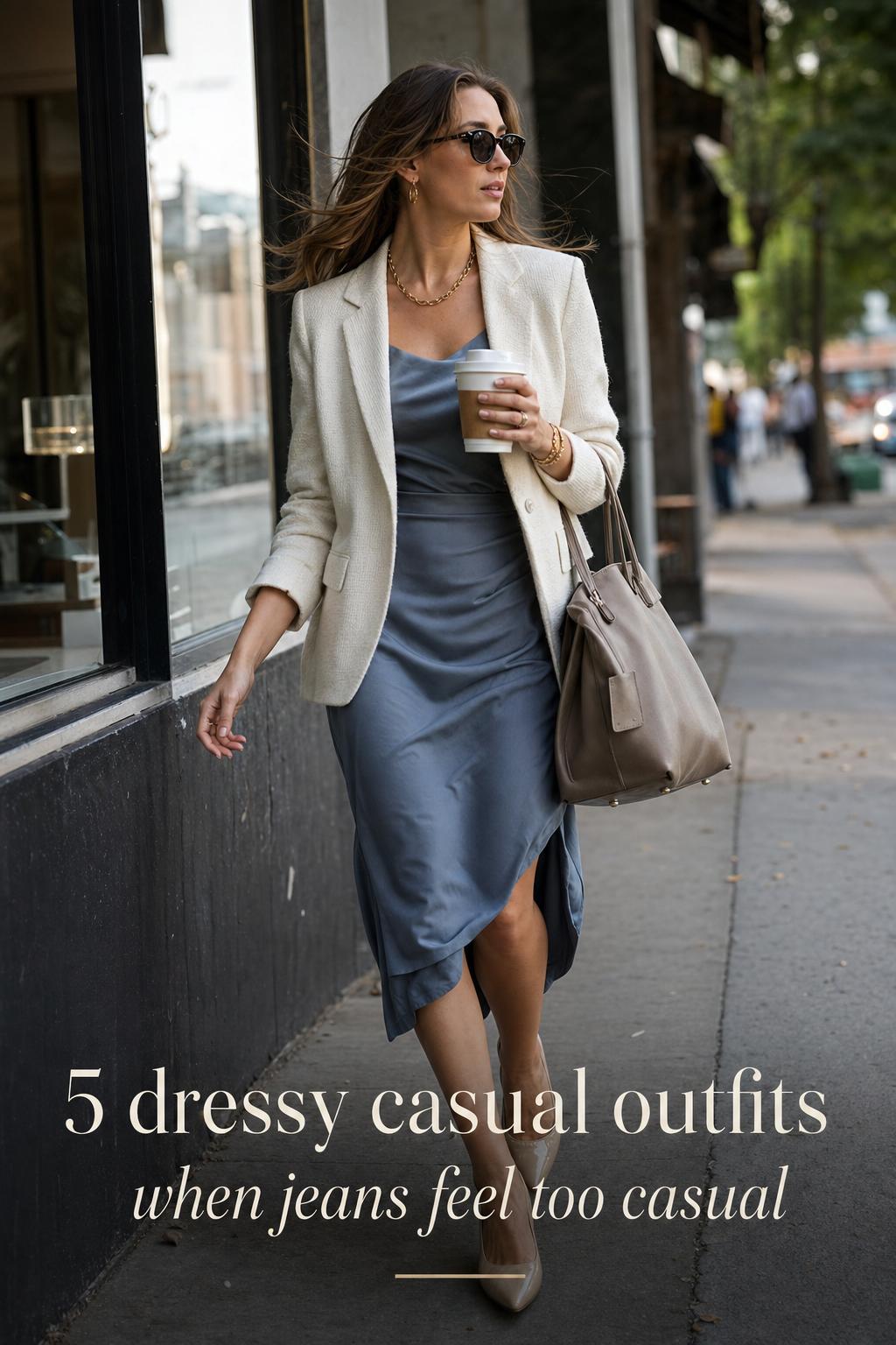 5 Dressy Casual Outfits for City Chic Style Dressy casual outfits idea: woman in knit blazer and satin midi dress walking past a city cafe with coffee cup at dusk