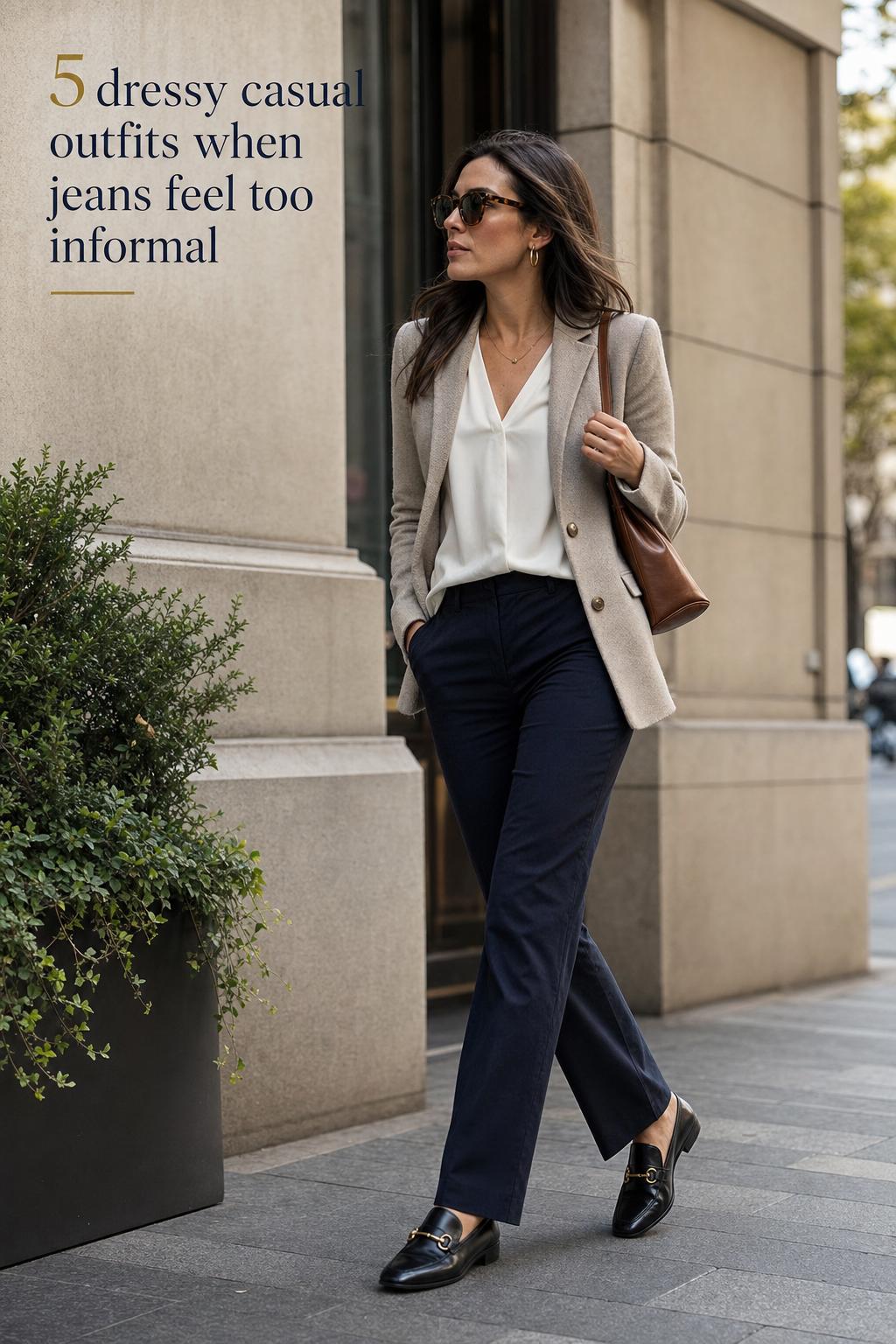 Dressy Casual Outfits Street Style Editorial Dressy casual outfits street style with knit blazer, dark denim, and loafers in a modern city setting