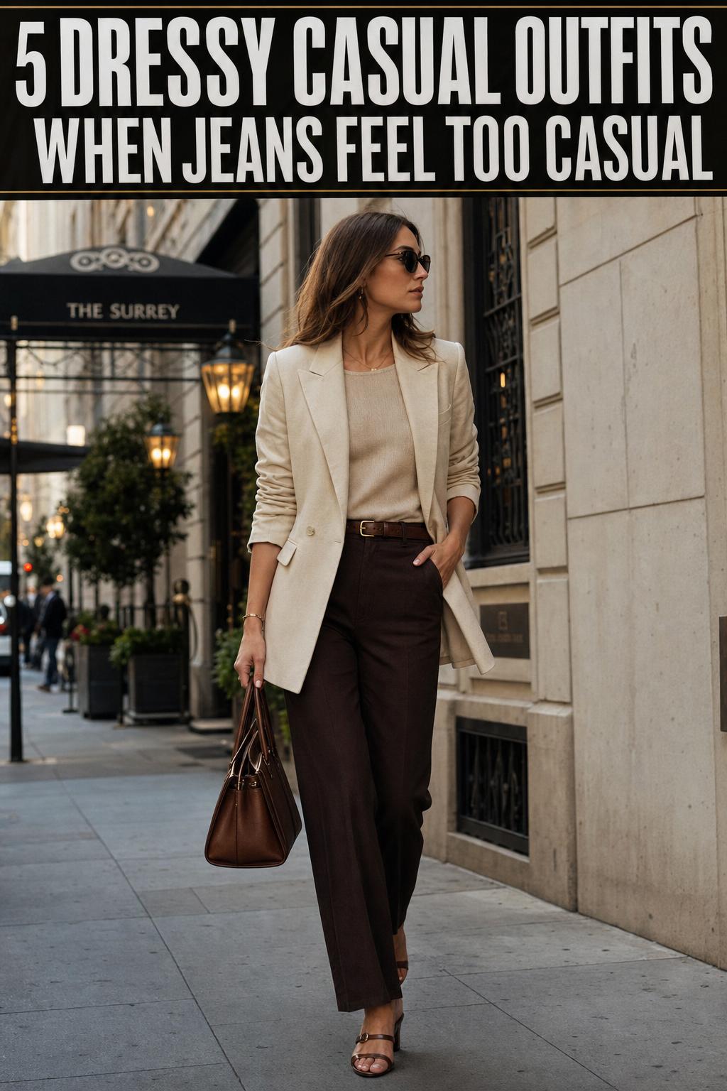 Dressy Casual Outfits for a Chic Street Look Dressy casual outfits styled on a model with blazer, fitted jeans, and heels in a bright city street setting