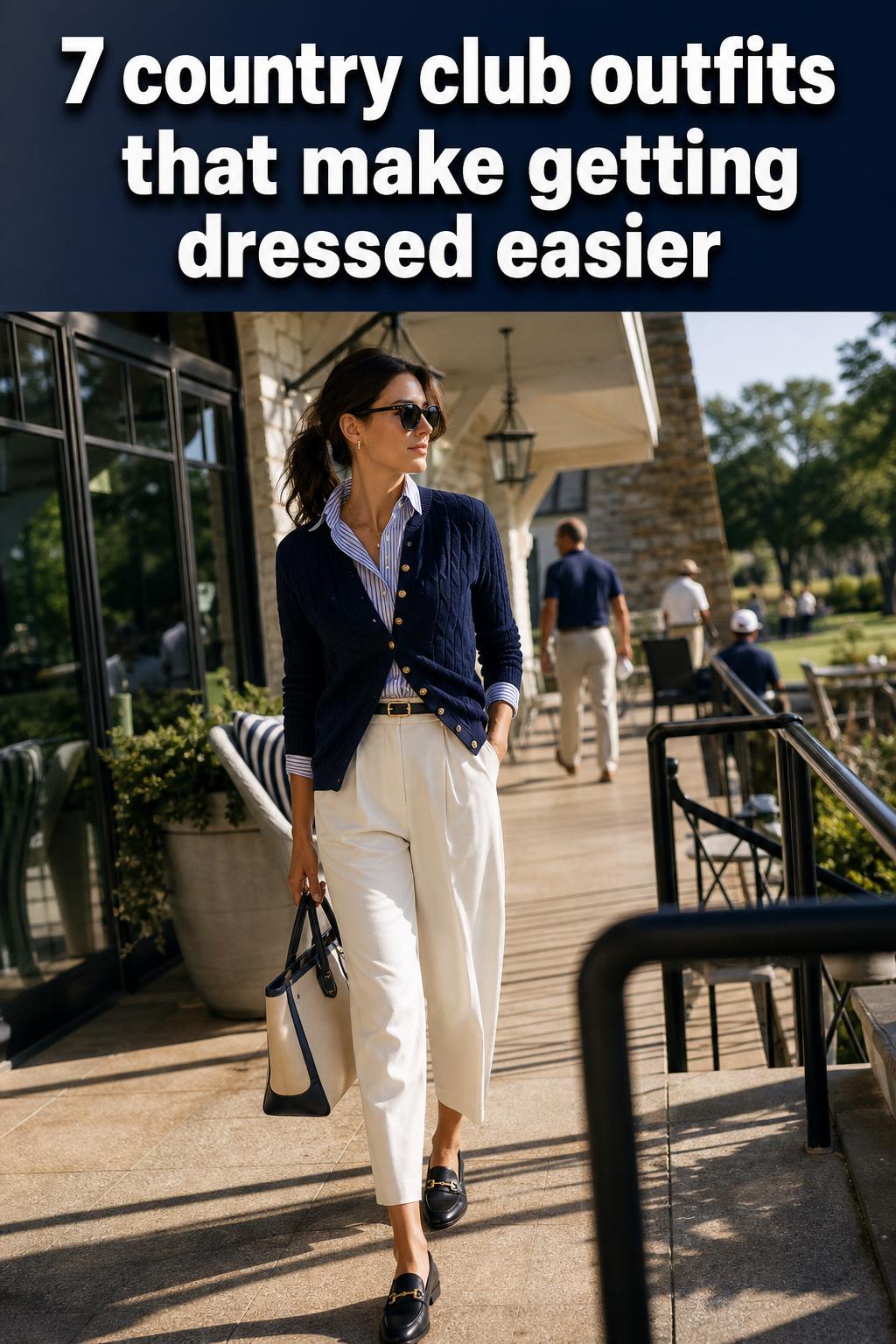 Elegant country club outfits on well-dressed guests strolling by a manicured golf course on a sunny day