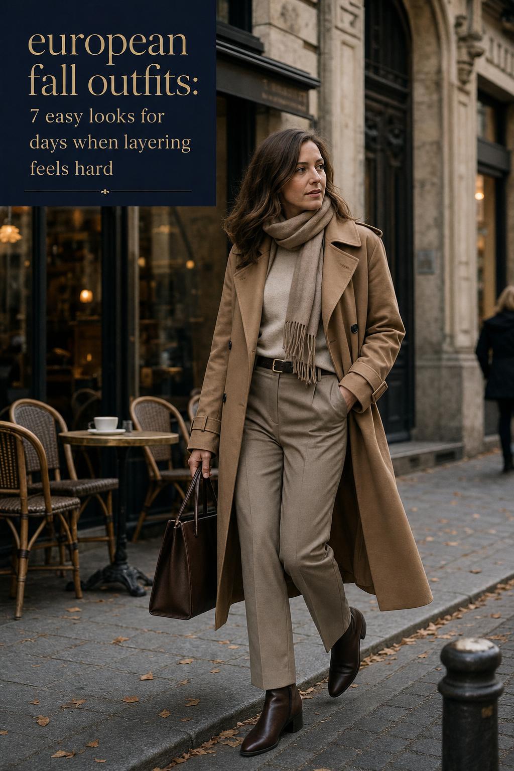European Fall Outfits: Camel Trench Street Style European fall outfits street style: woman in camel trench, scarf and ankle boots walking near a café on a cool city street.