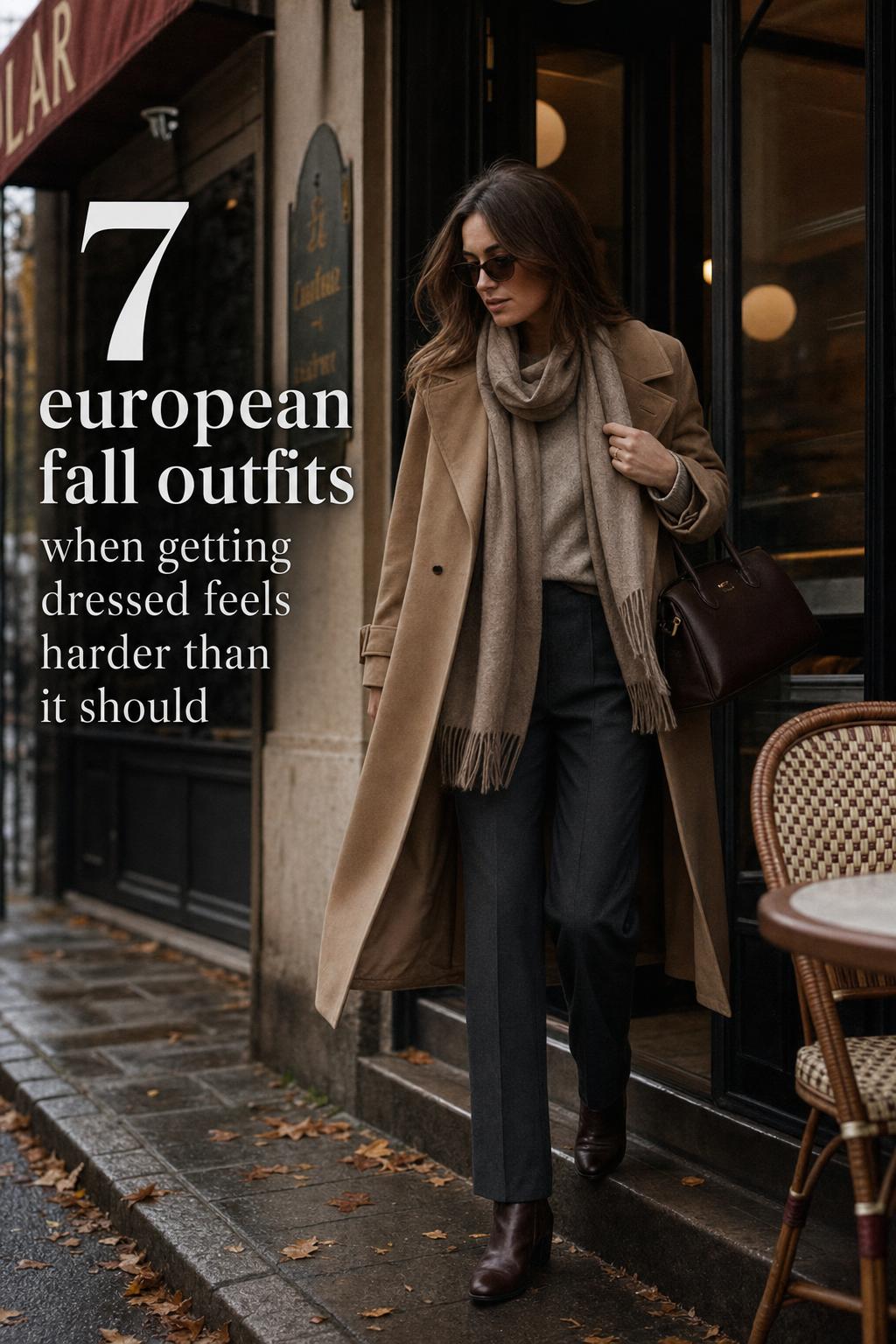 European Fall Outfits Paris Cafe Street Style European fall outfits street style: woman in camel trench leaving a Paris cafe on an autumn street