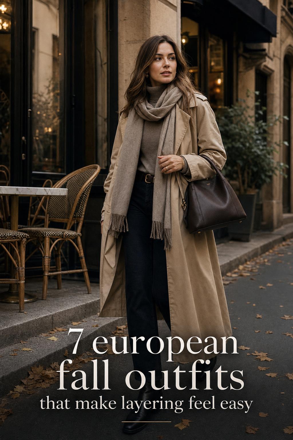 European Fall Outfits for Easy Layering European fall outfits on a stylish woman in a trench coat walking past a café on a quiet autumn street in Europe