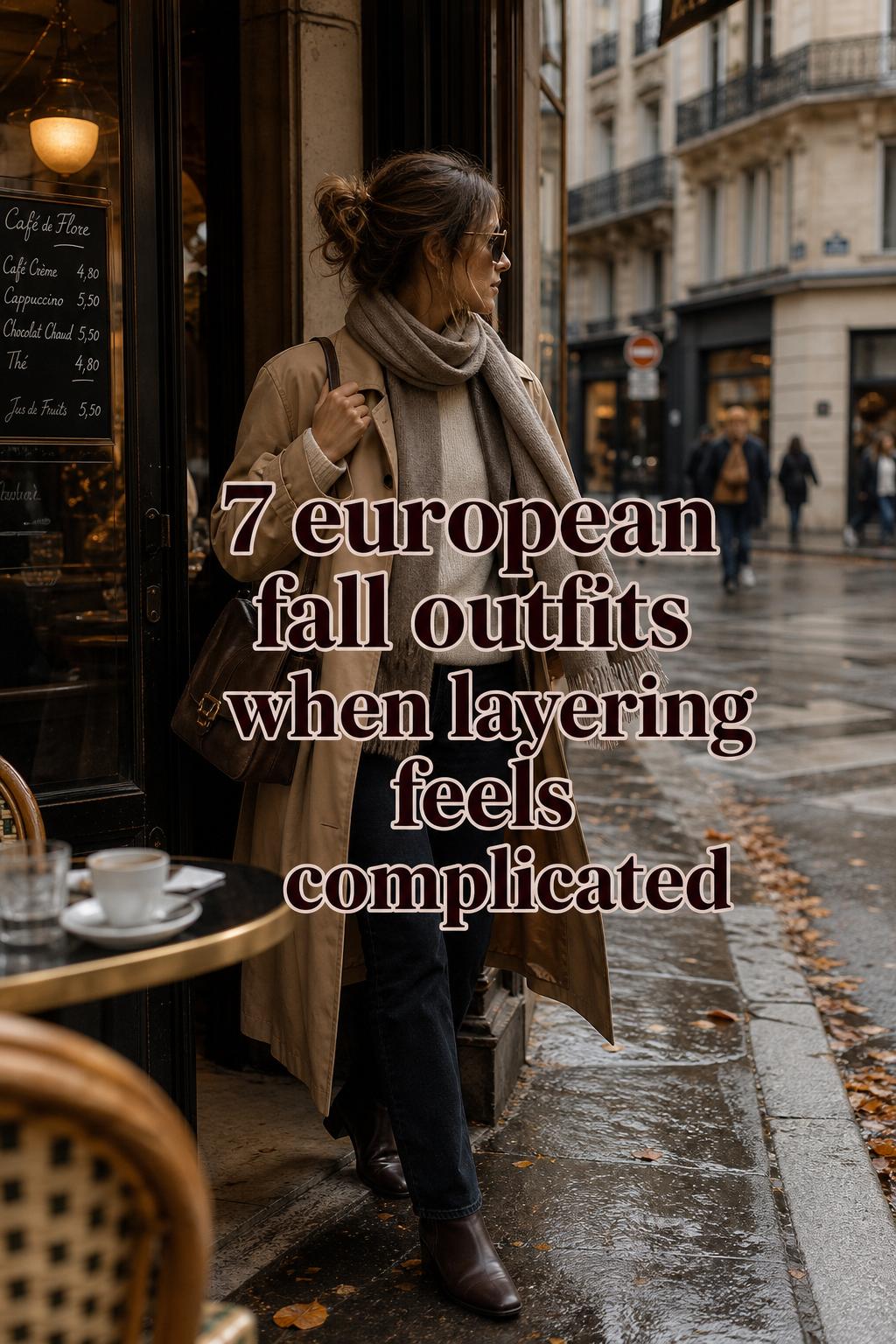 European Fall Outfits Layering Street Style European fall outfits: woman in camel trench and scarf leaving a corner café onto a rain-damp autumn street