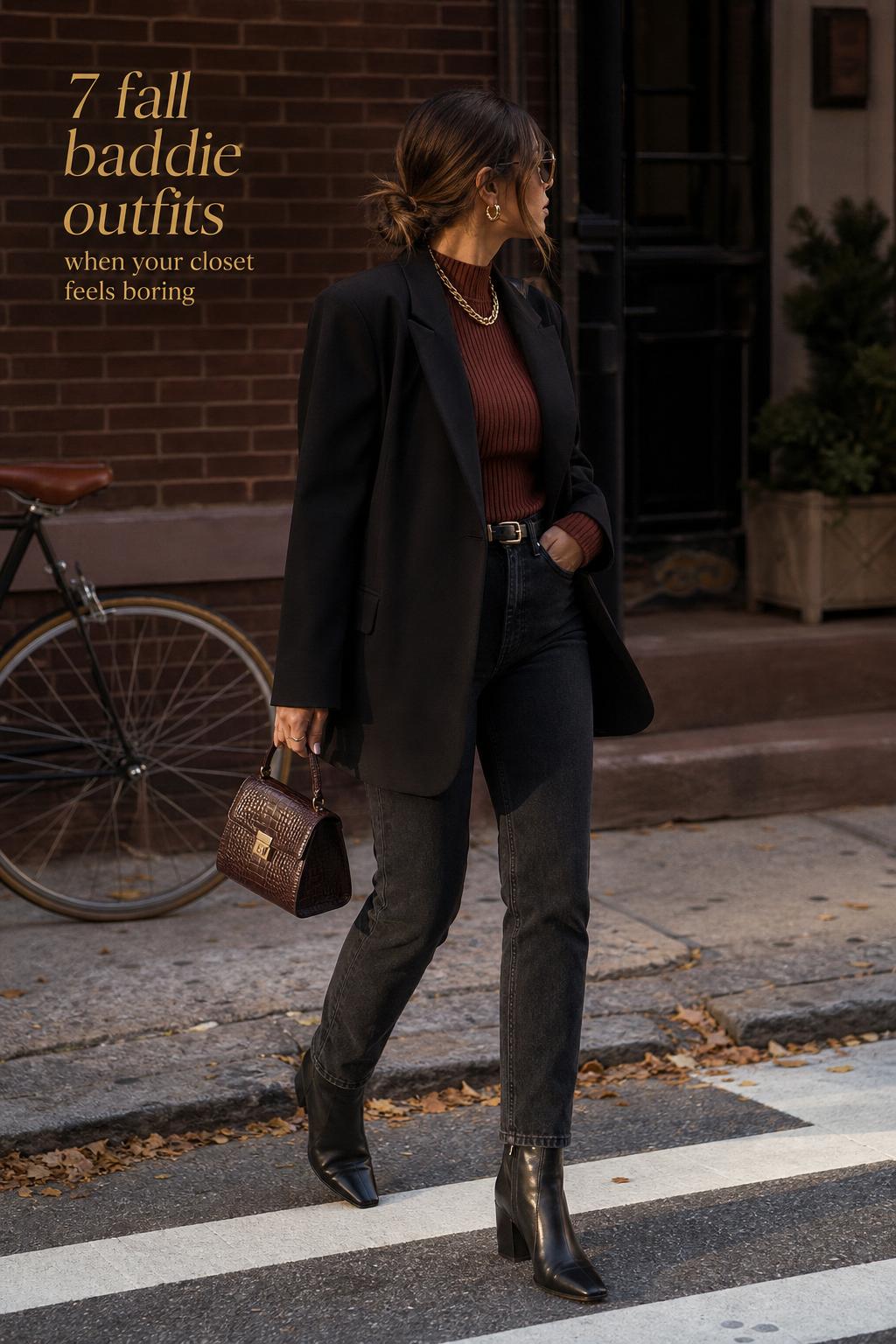 Fall baddie outfits early-fall street style Fall baddie outfits street style with blazer, dark denim and ankle boots on a city sidewalk in warm late-afternoon light